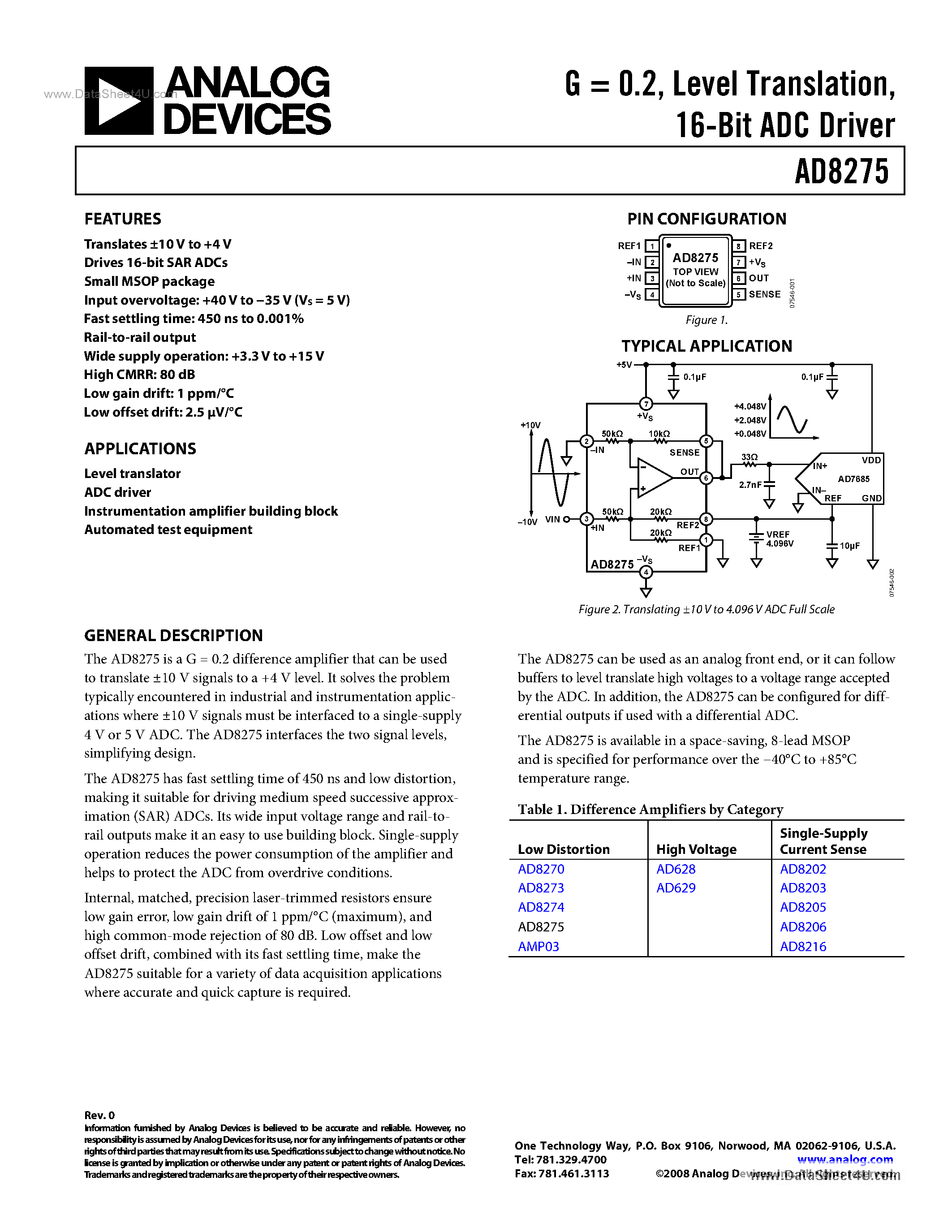 Даташит на микросхему AD8275 страница 1 Даташит AD8275 - 16-Bit ADC Driver страница 1