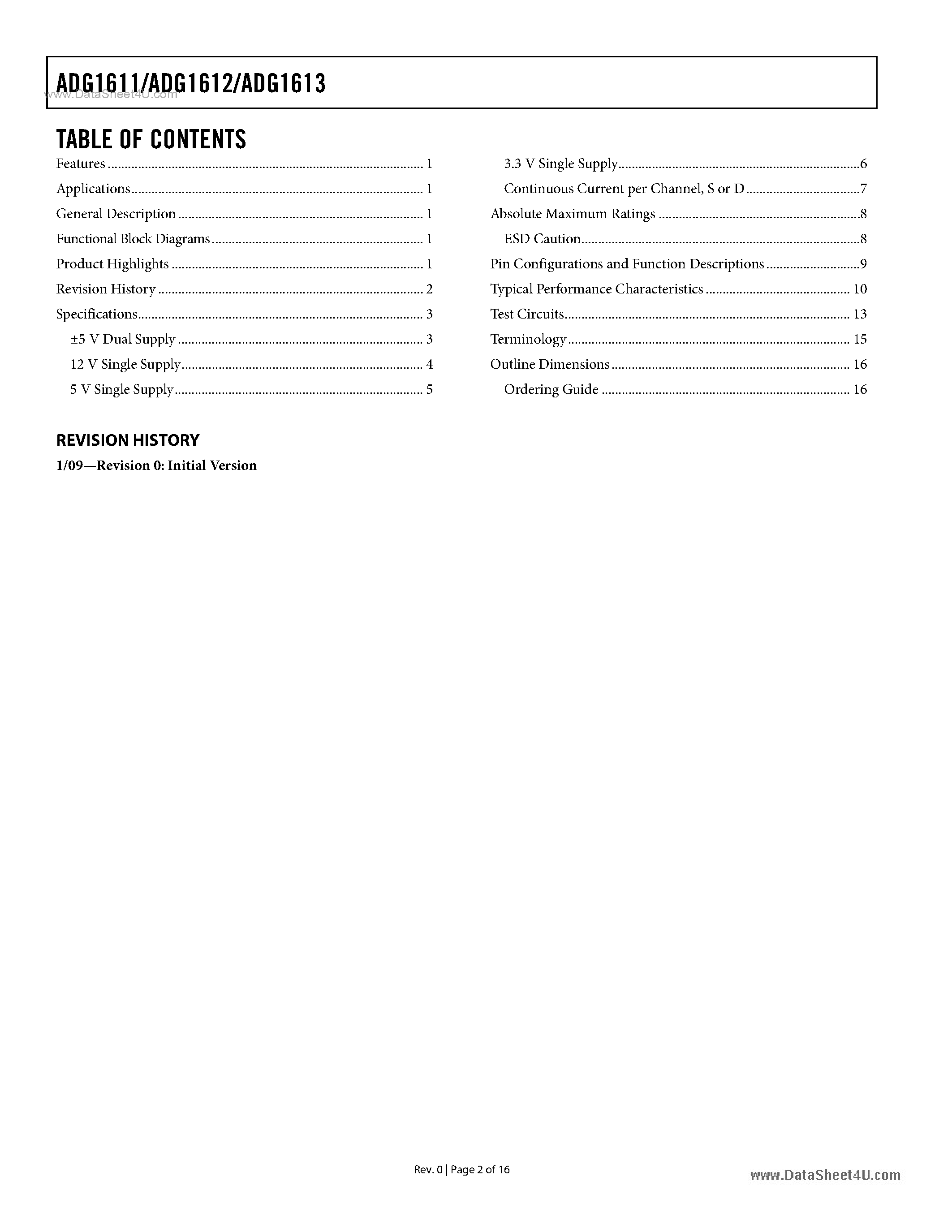 Даташит ADG1611 - (ADG1611 - ADG1613) Quad SPST Switches страница 2