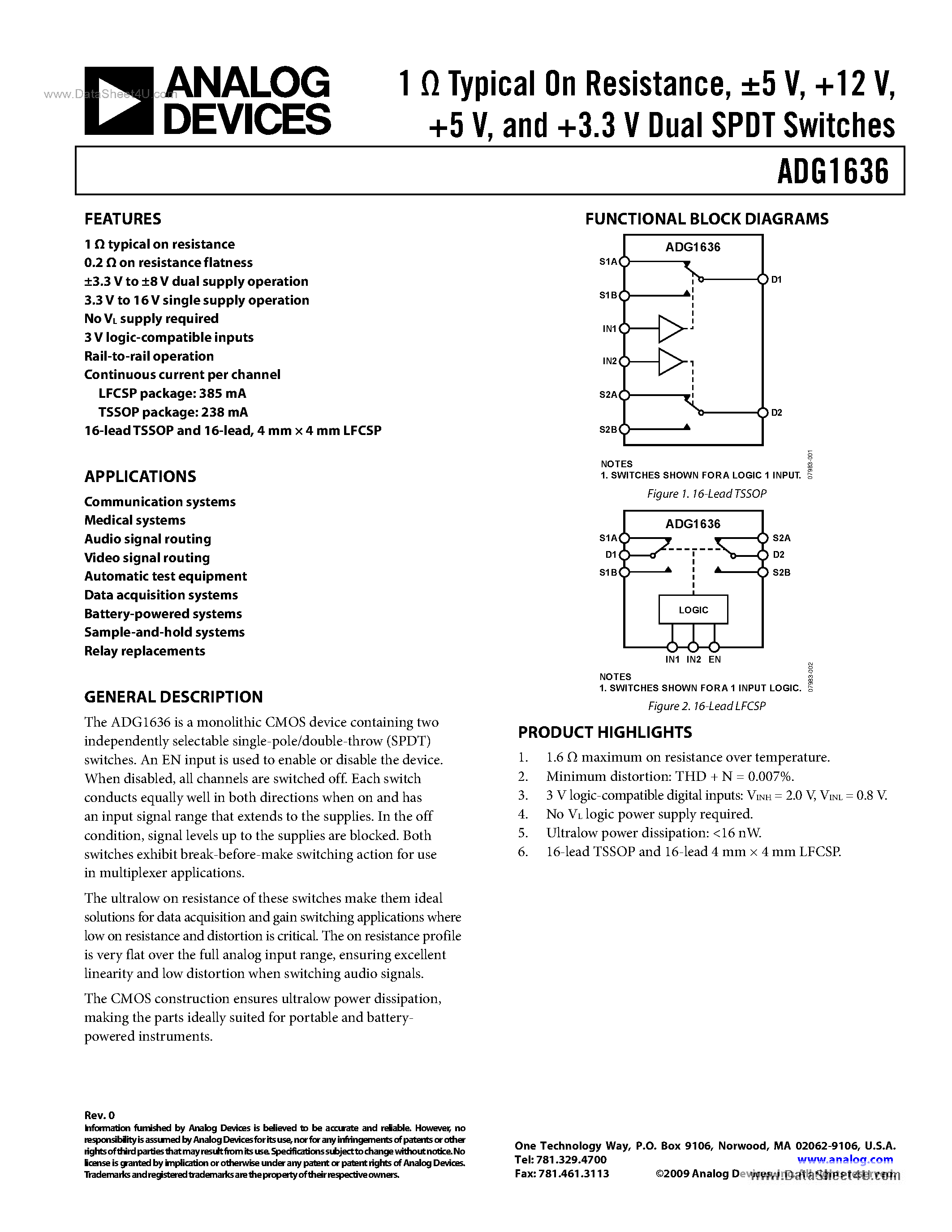 Даташит на микросхему ADG1636 страница 1 Даташит ADG1636 - Dual SPDT Switch страница 1