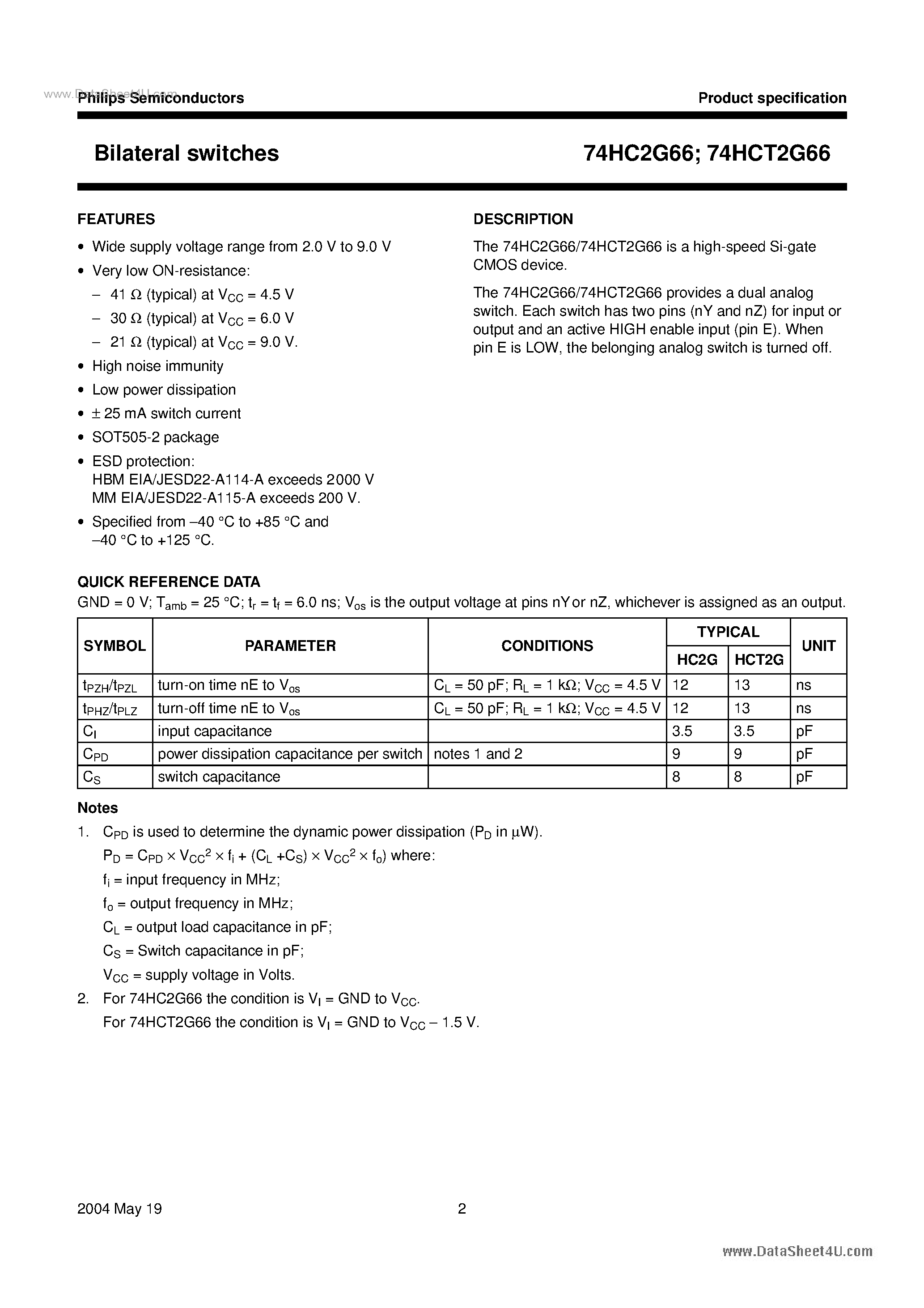 Datasheet 74HCT2G66 page 2 Datasheet 74HCT2G66 - Bilateral switches page 2