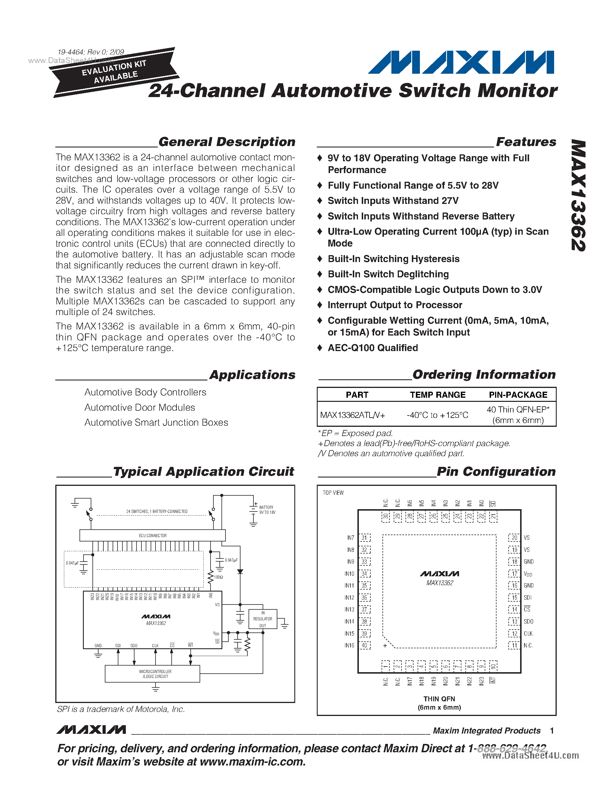 Datasheet MAX13362 page 1 Datasheet MAX13362 - 24-Channel Automotive Switch Monitor page 1