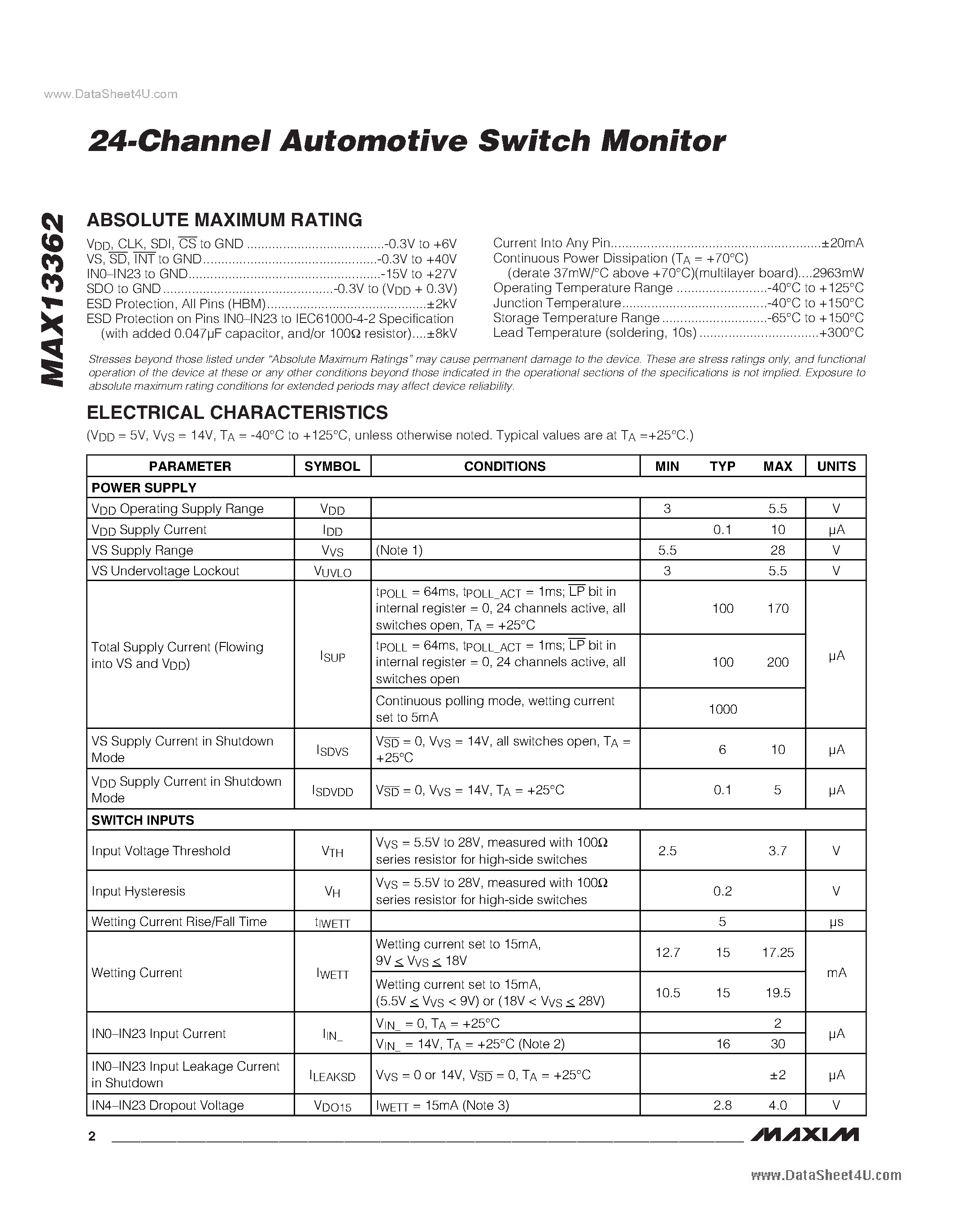 Datasheet MAX13362 page 2 Datasheet MAX13362 - 24-Channel Automotive Switch Monitor page 2