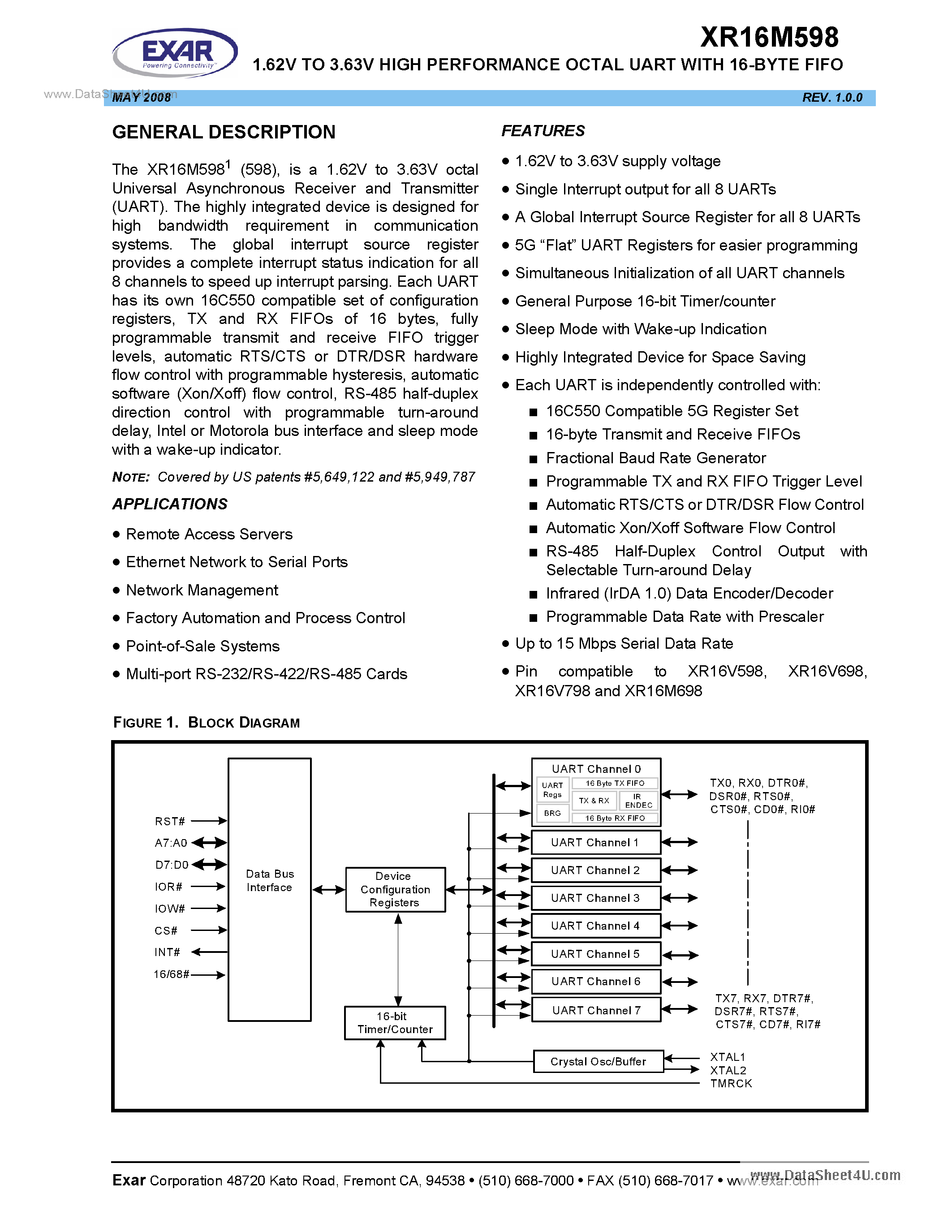Даташит на микросхему XR16M598 страница 1 Даташит XR16M598 - 1.62V To 3.63V High Performance Octal UART страница 1