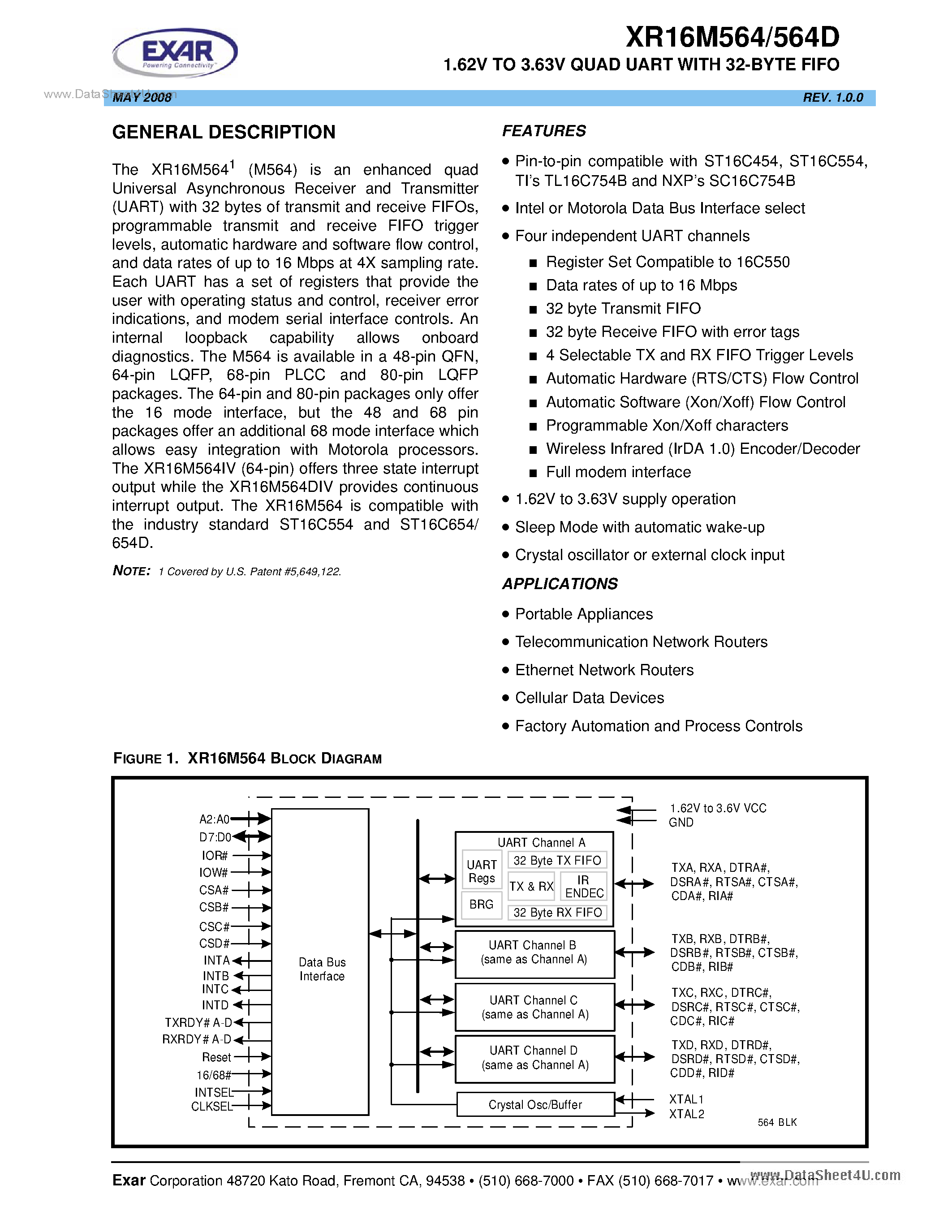 Даташит XR16M564 - 1.62V TO 3.63V Quad UART страница 1