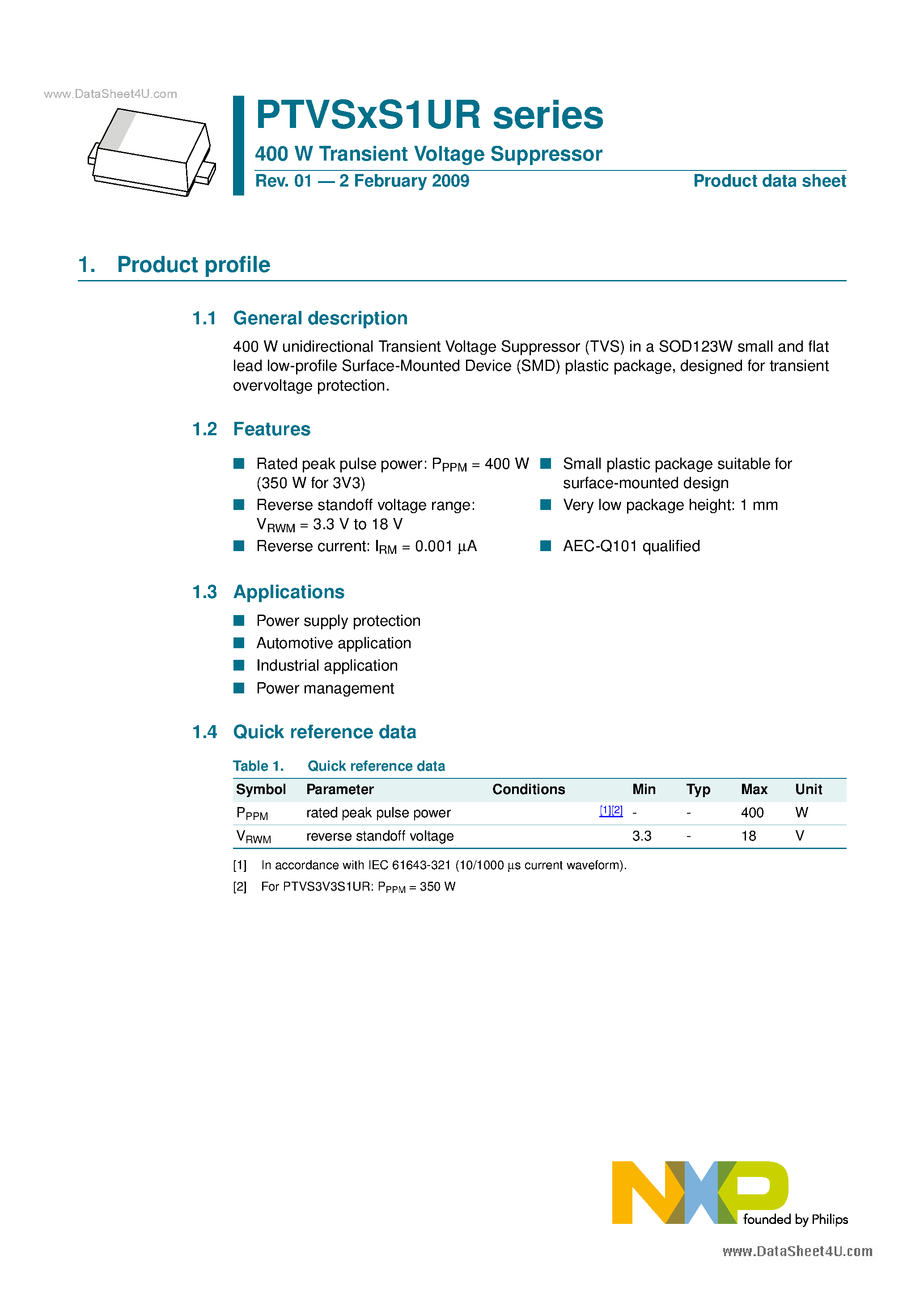 Datasheet PTVS10VS1UR - (PTVSxxxS1UR) 400 W Transient Voltage Suppressor page 1