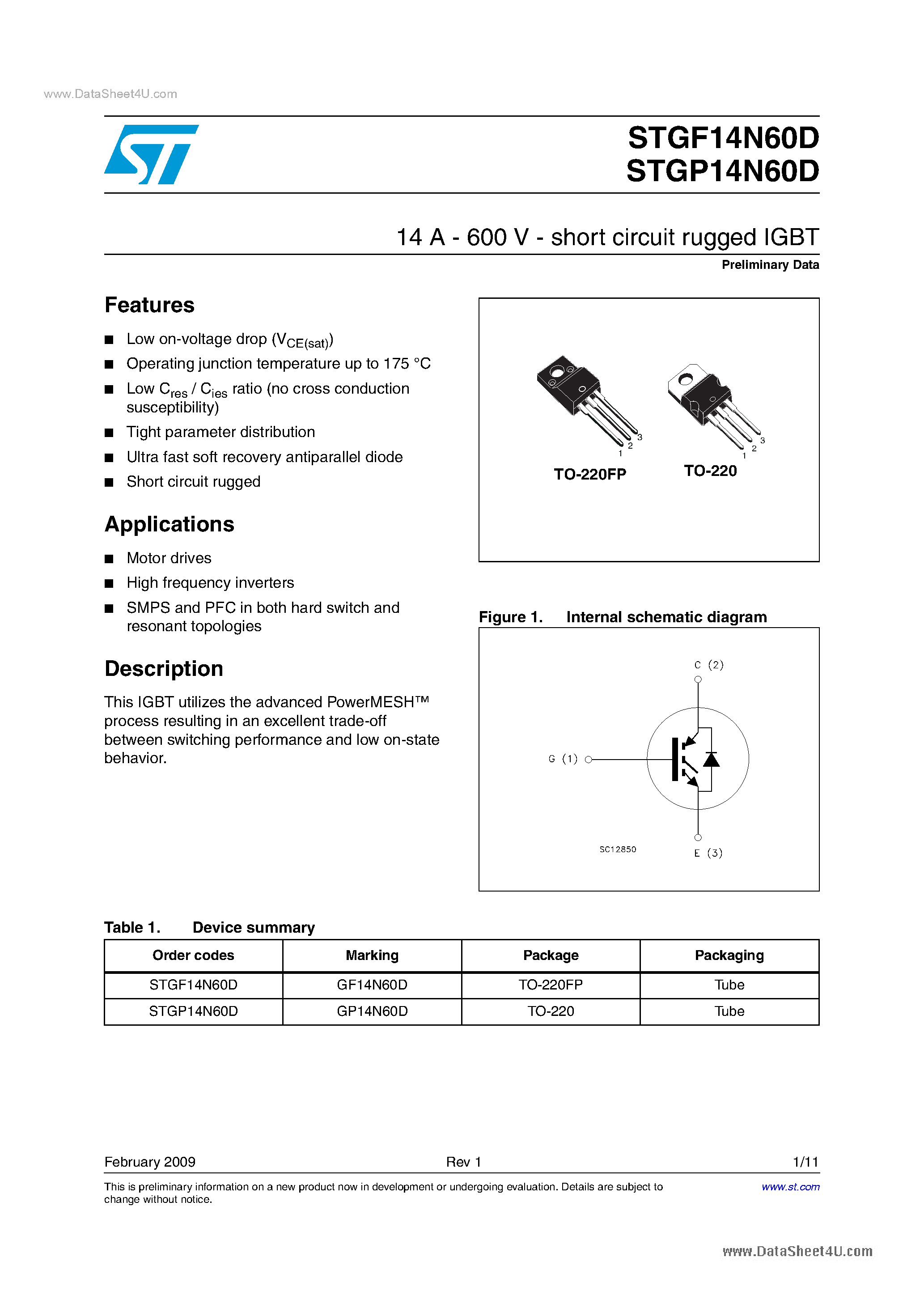Даташит STGF14N60D - 14 A - 600 V - Short Circuit Rugged IGBT страница 1