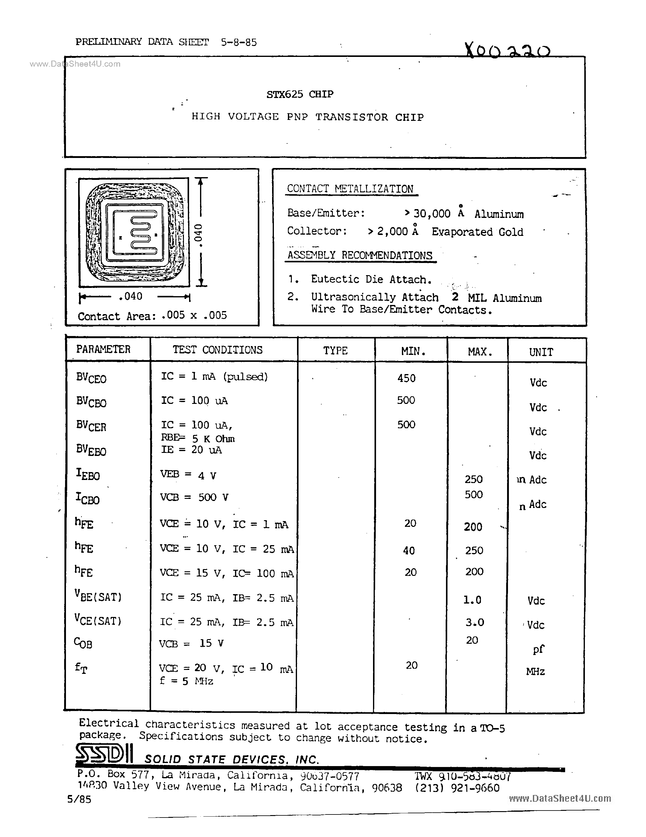 Datasheet STX625 page 1 Datasheet STX625 - HIGH VOLTAGE PNP TRANSISTOR CHIP page 1