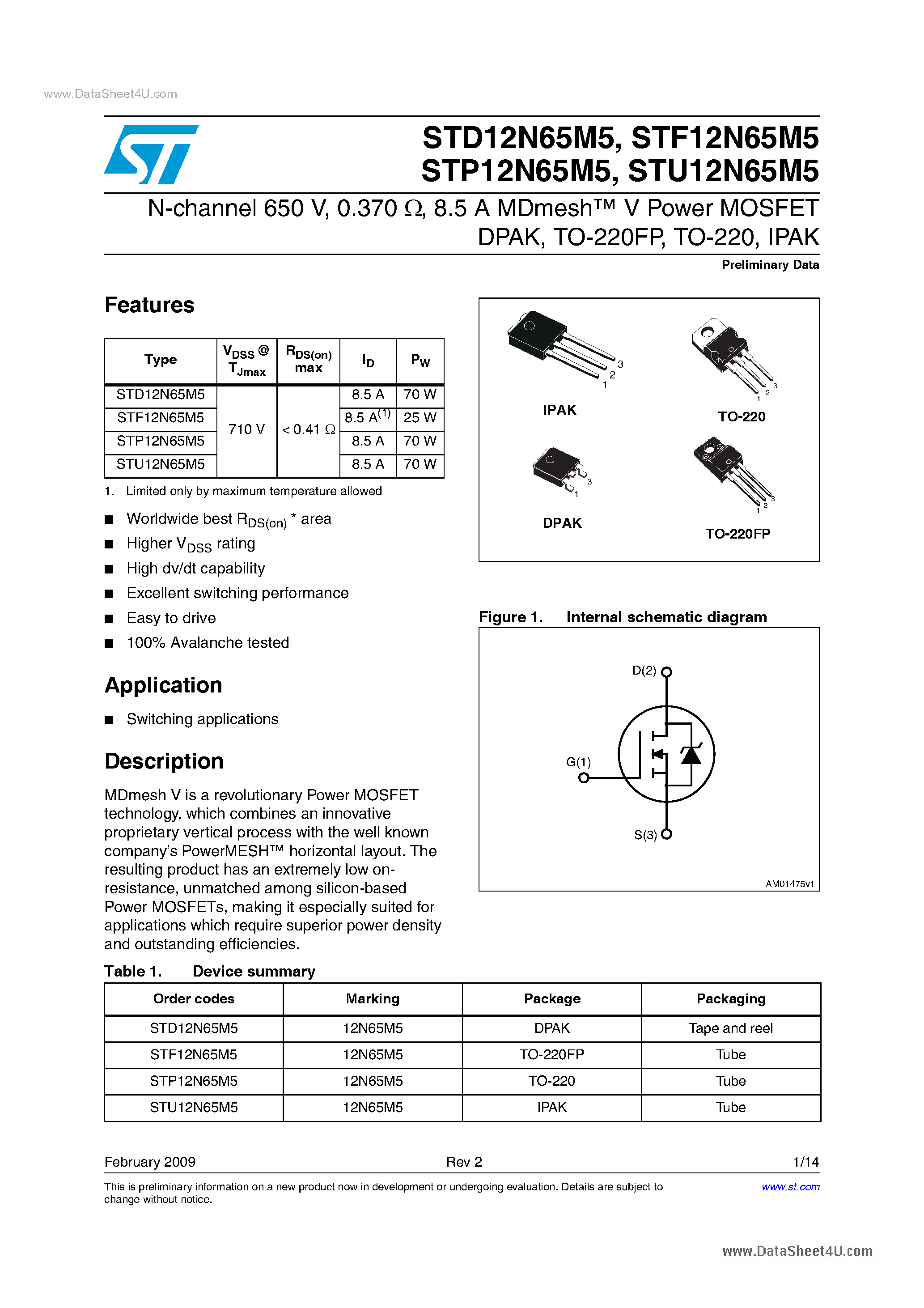 Даташит на микросхему STP12N65M5 страница 1 Даташит STP12N65M5 - Power MOSFETs страница 1