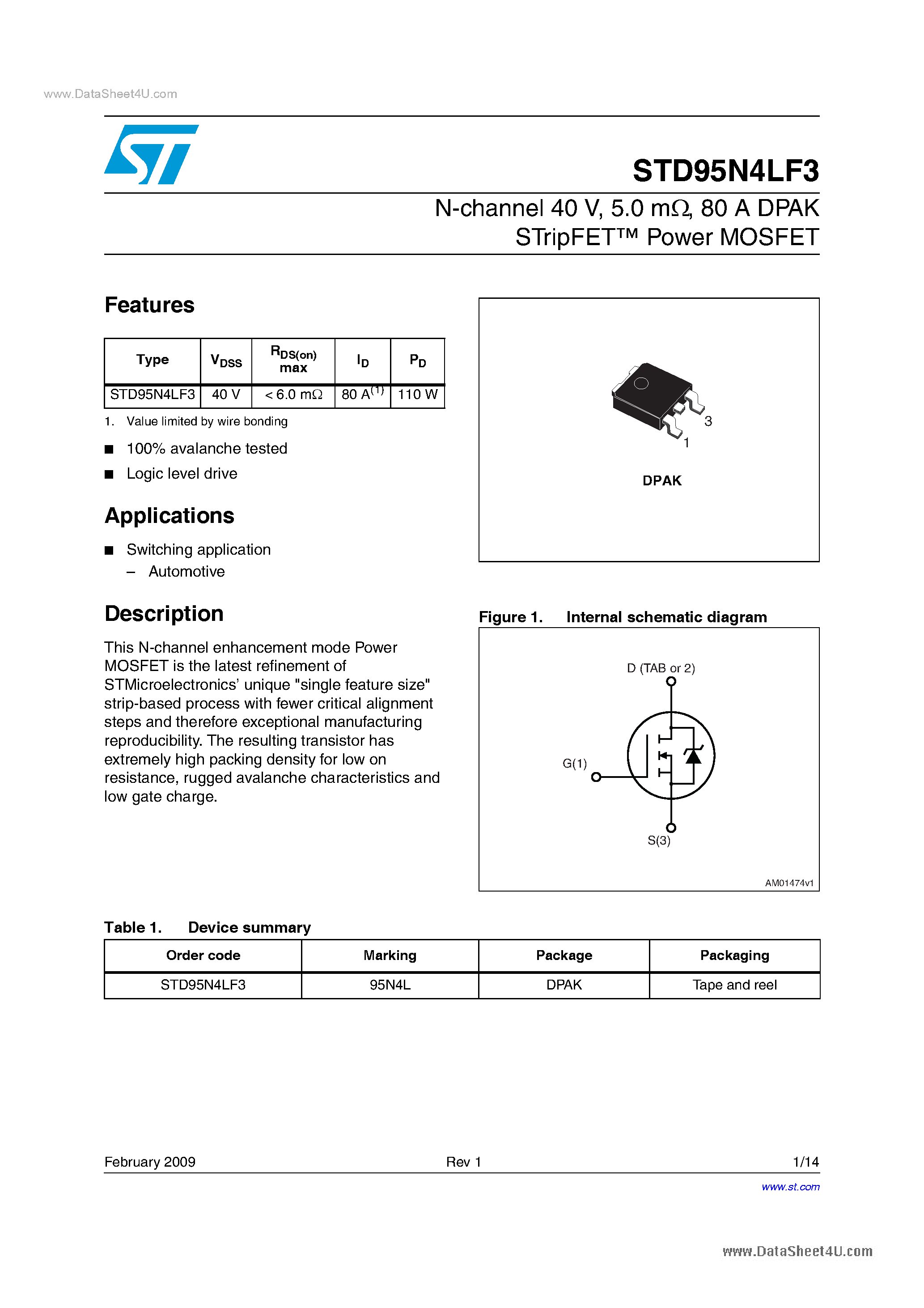 Datasheet STD95N4LF3 - Power MOSFETs page 1