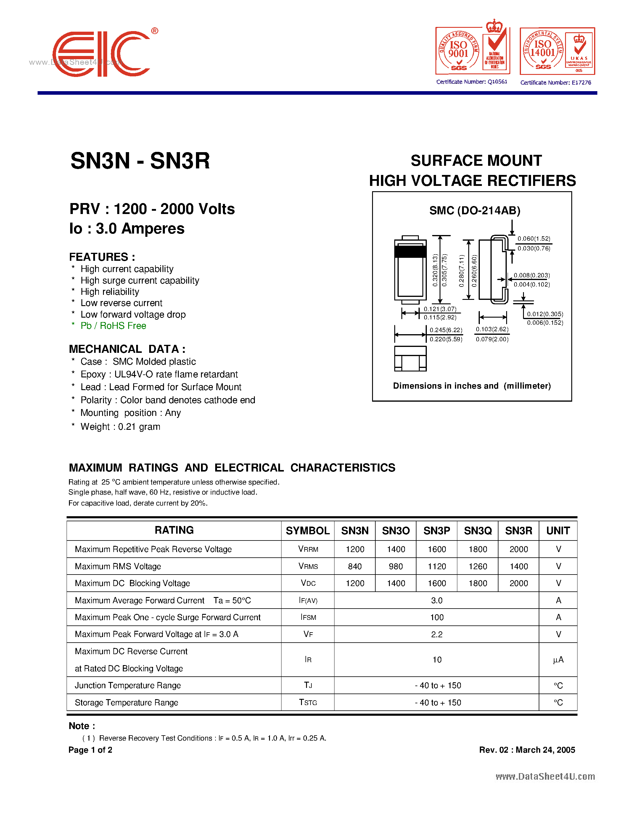 Datasheet SN3N - SURFACE MOUNT HIGH VOLTAGE RECTIFIERS page 1