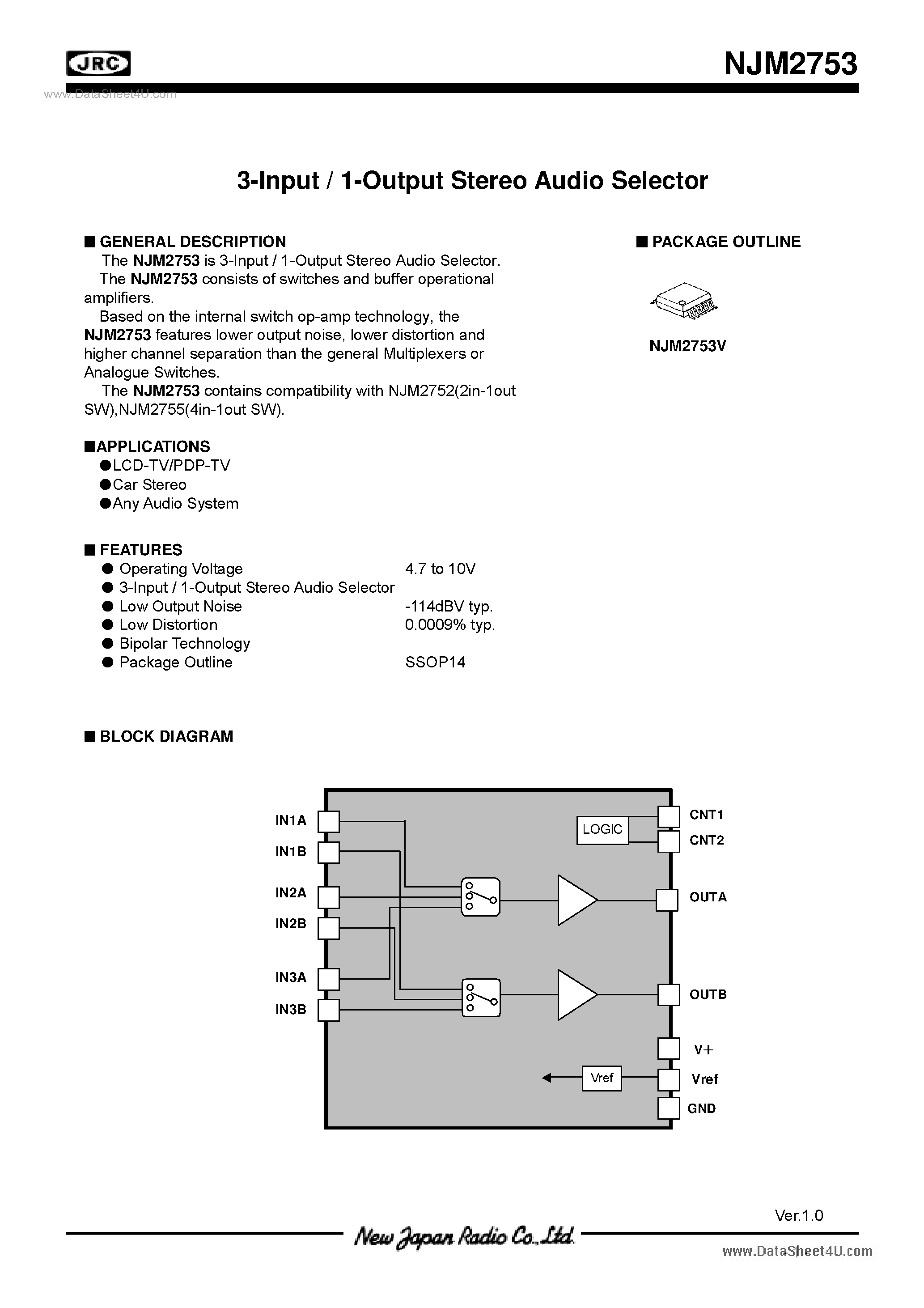 Datasheet NJM2753 - 3-Input / 1-Output Stereo Audio Selector page 1