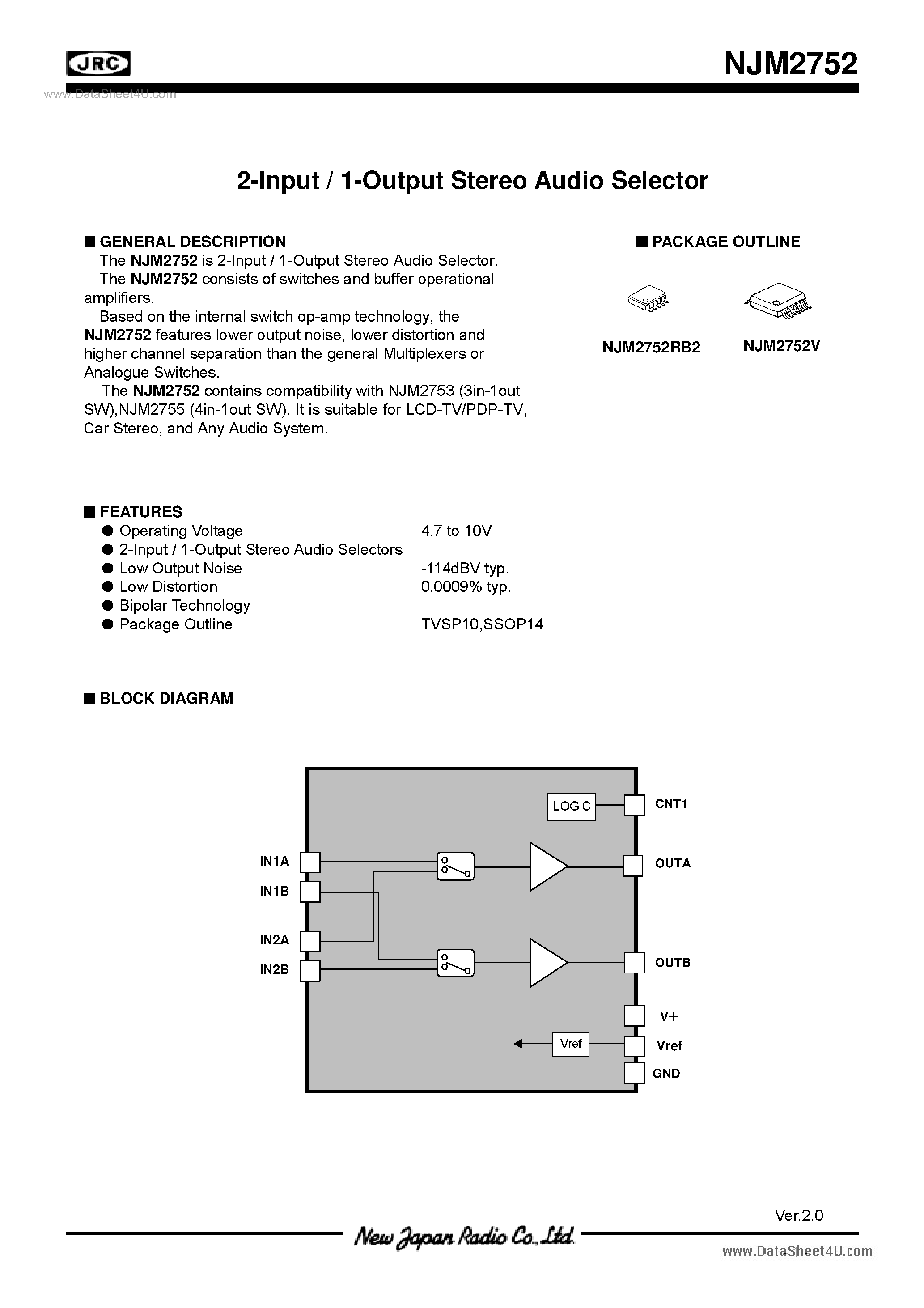 Datasheet NJM2752 - 2-Input / 1-Output Stereo Audio Selector page 1