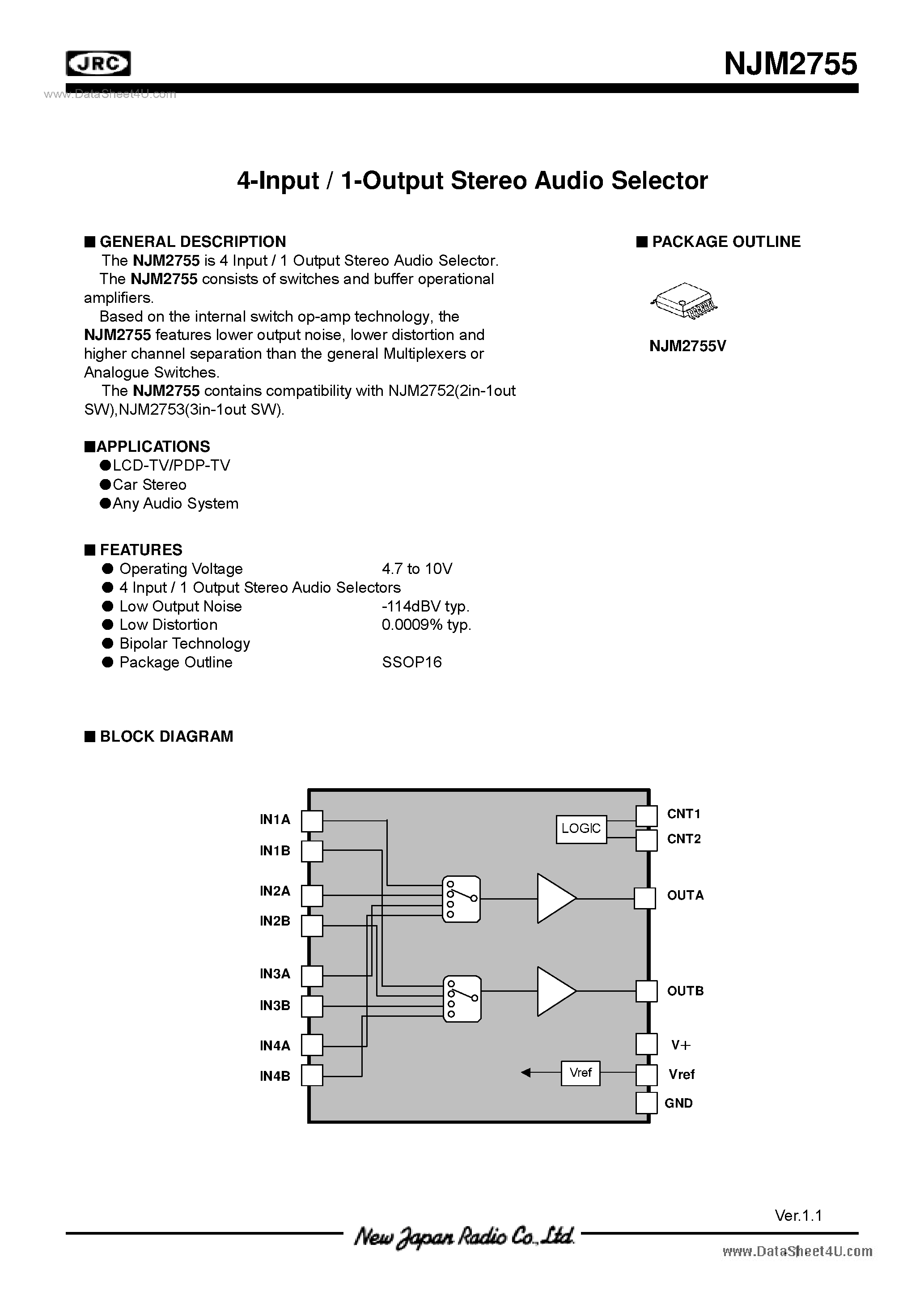 Datasheet NJM2755 - 4-Input / 1-Output Stereo Audio Selector page 1
