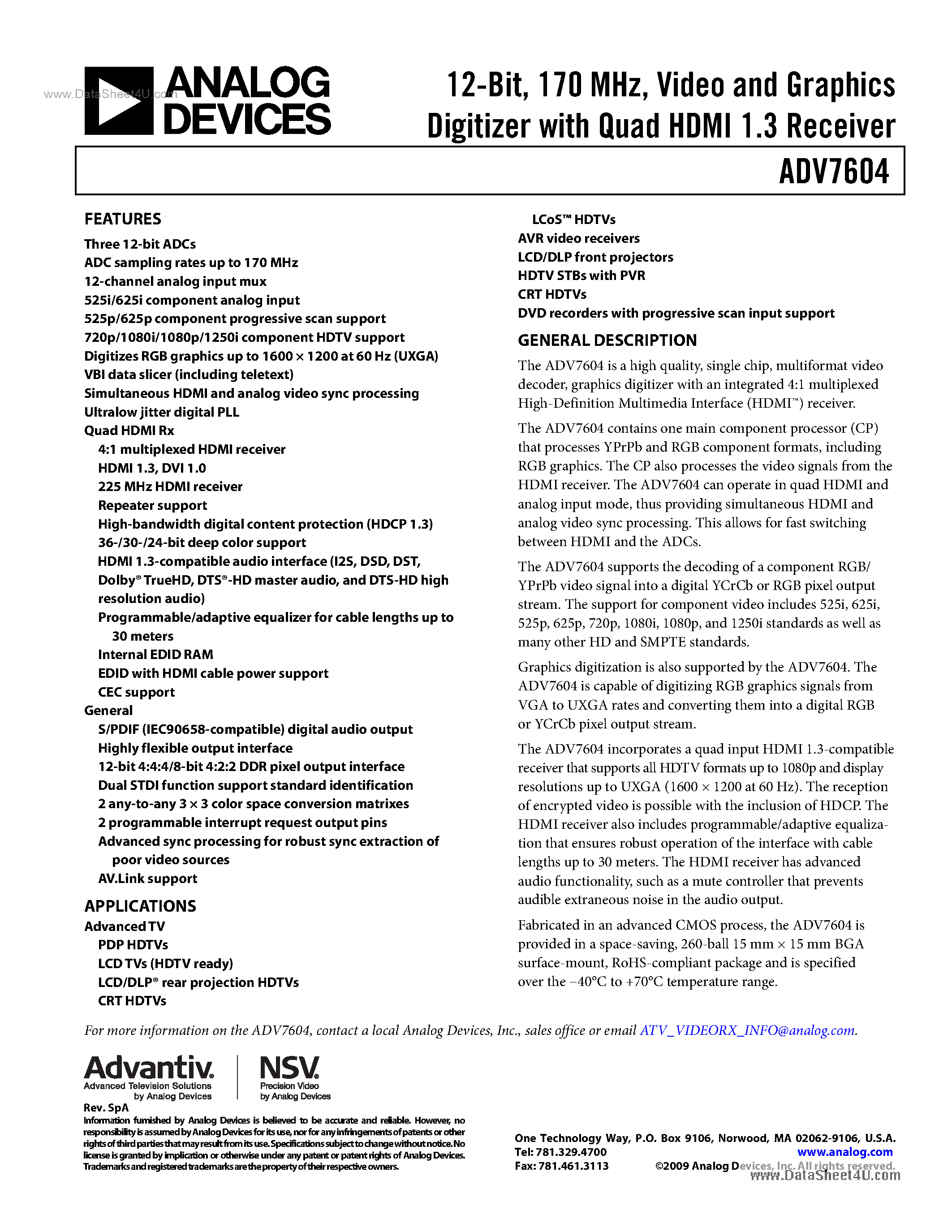 Даташит ADV7604 - Deep Color HDMI V1.3 Receiver страница 1