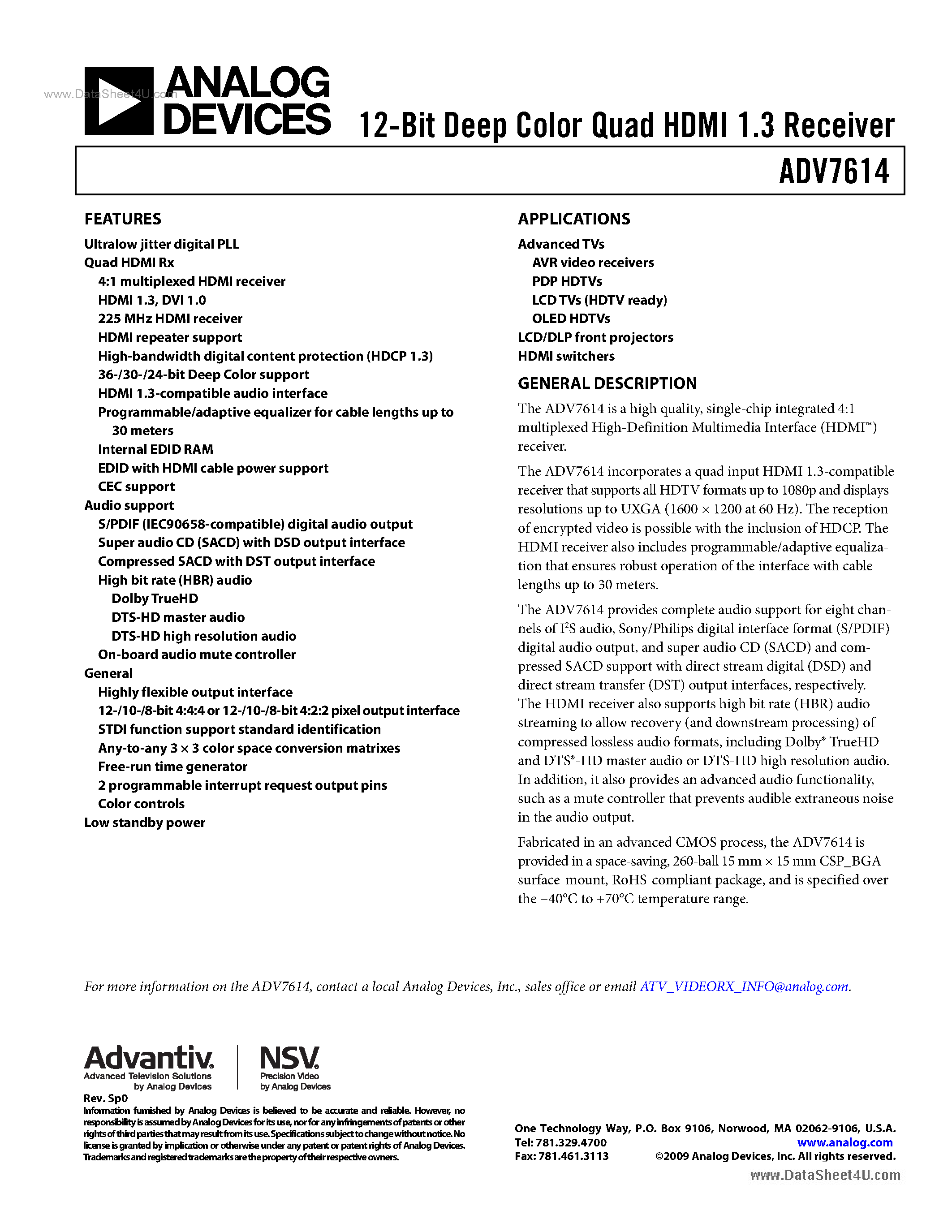 Даташит ADV7614 - 12-Bit Deep Color Quad HDMI 1.3 Receiver страница 1