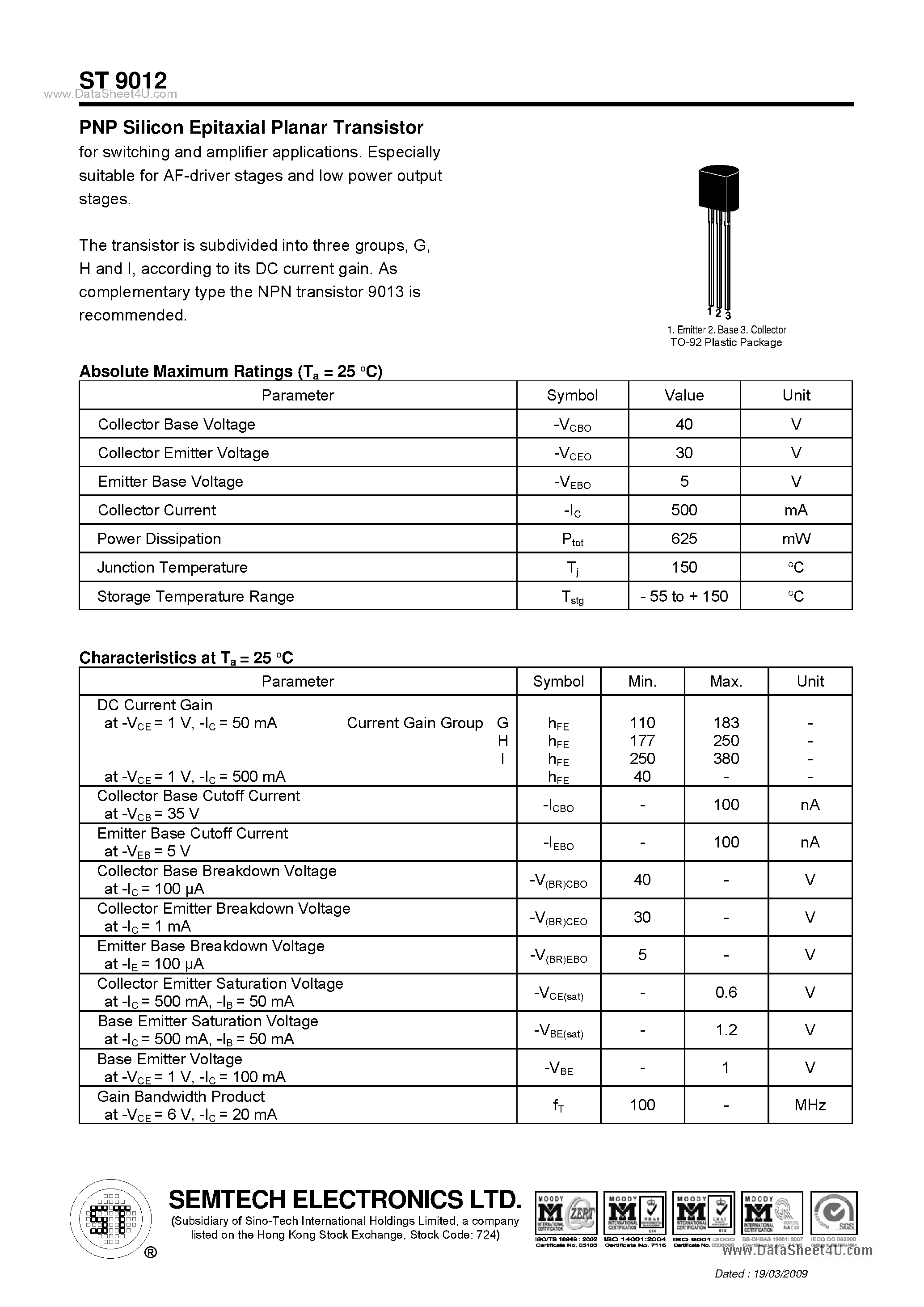 Даташит ST9012 - PNP Silicon Epitaxial Planar Transistor страница 1