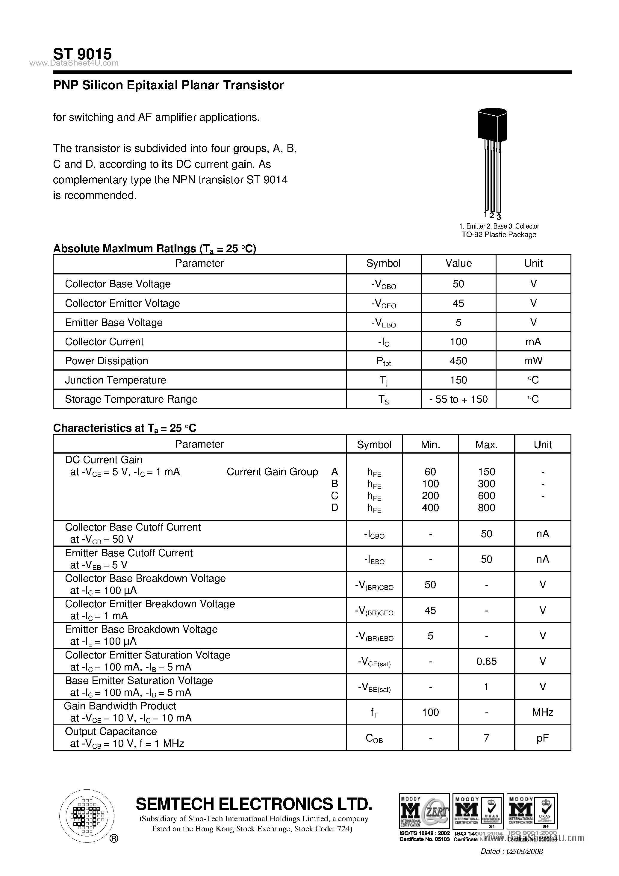 Datasheet ST9015 page 1 Datasheet ST9015 - PNP Silicon Epitaxial Planar Transistor page 1