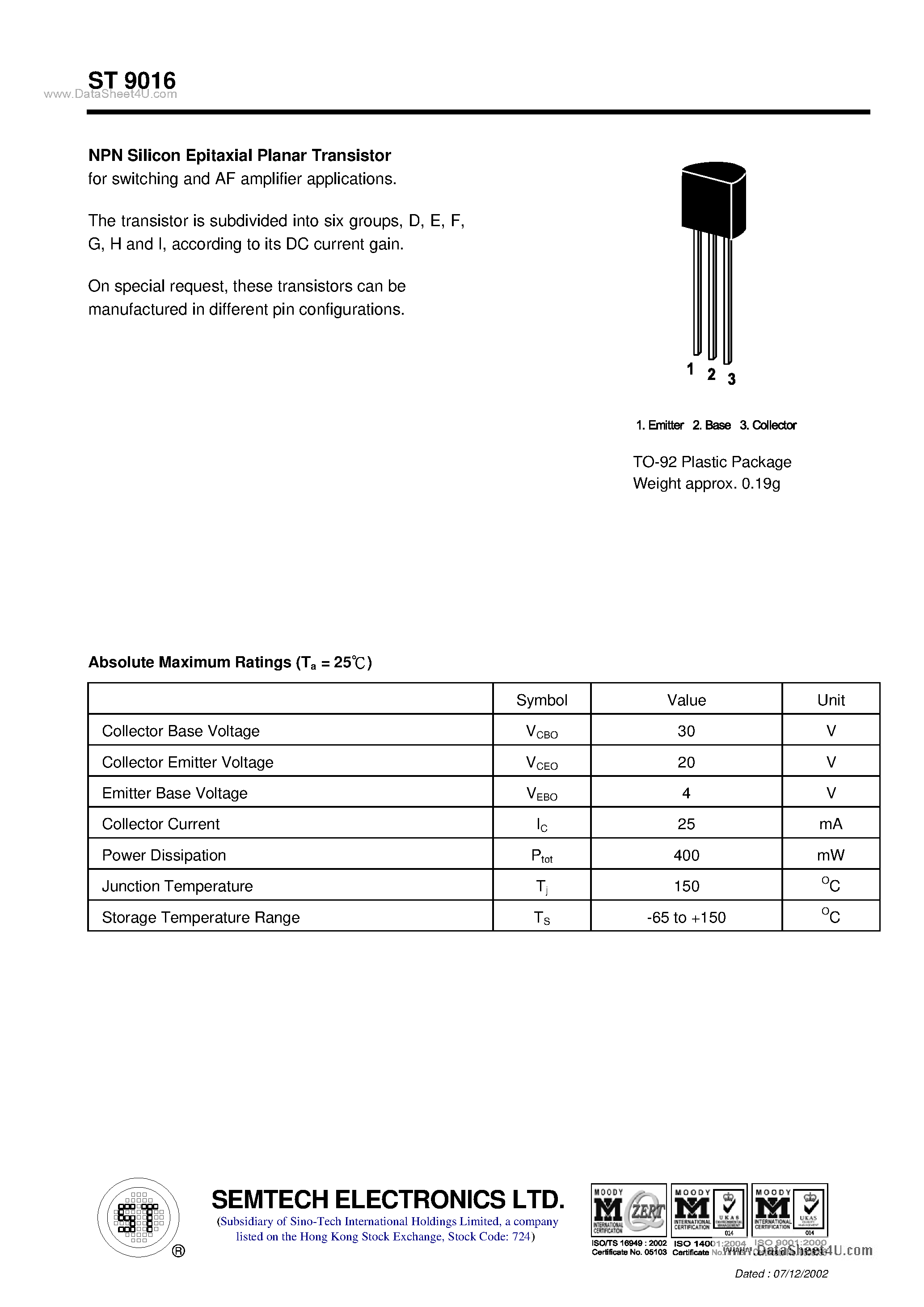 Даташит на микросхему ST9016 страница 1 Даташит ST9016 - NPN Silicon Epitaxial Planar Transistor страница 1