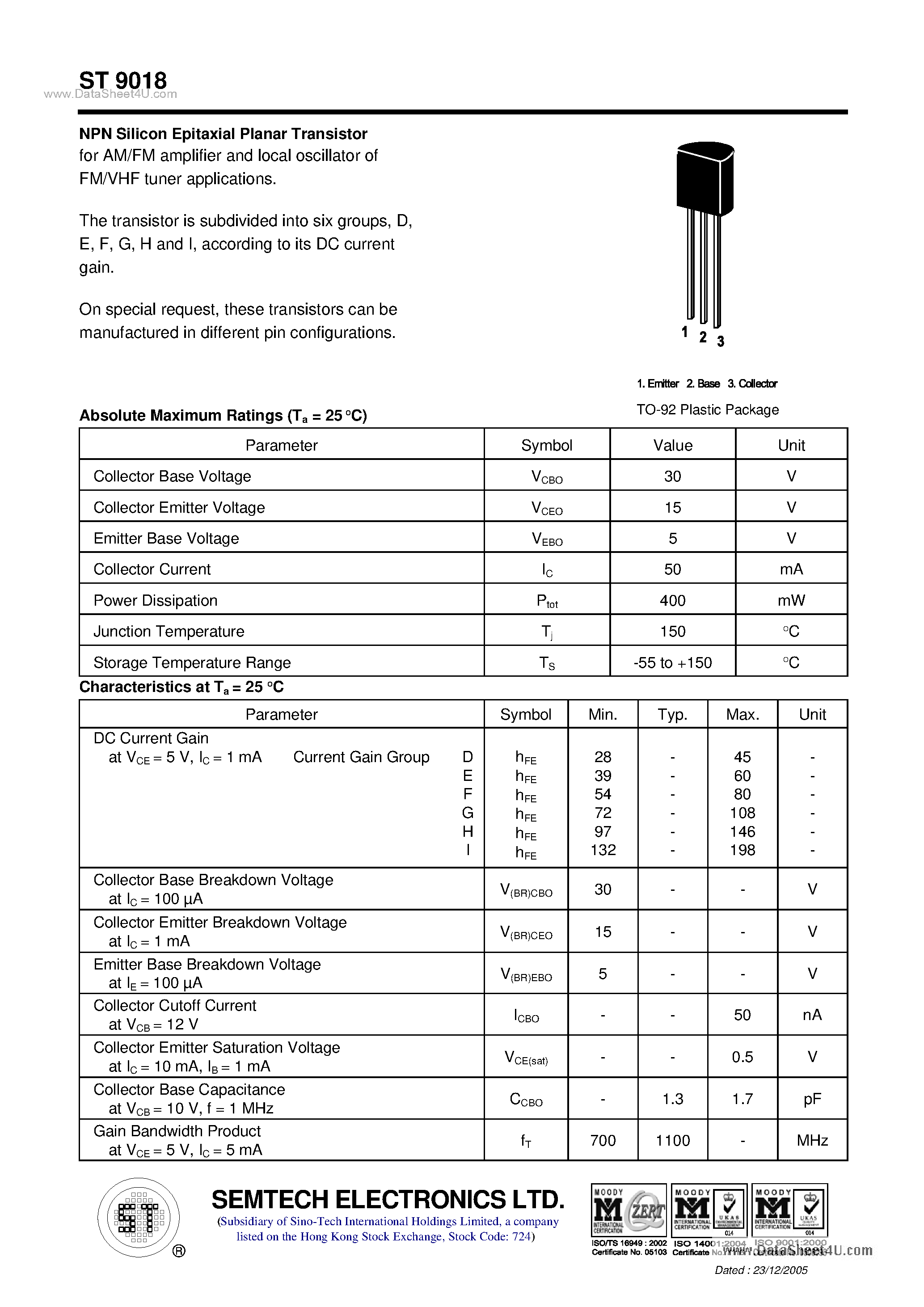 Даташит на микросхему ST9018 страница 1 Даташит ST9018 - NPN Silicon Epitaxial Planar Transistor страница 1