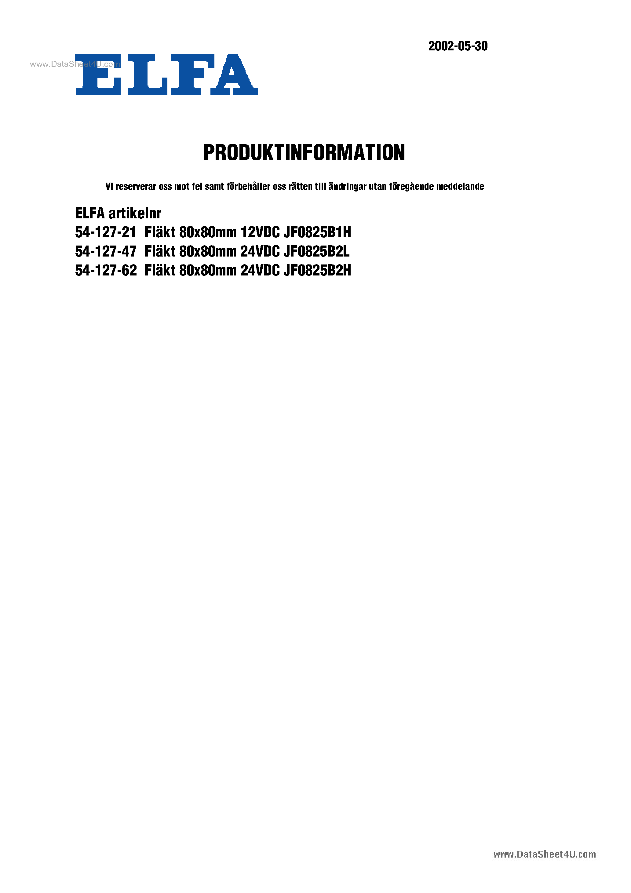 Datasheet JF0825B1H - DC Fan page 1