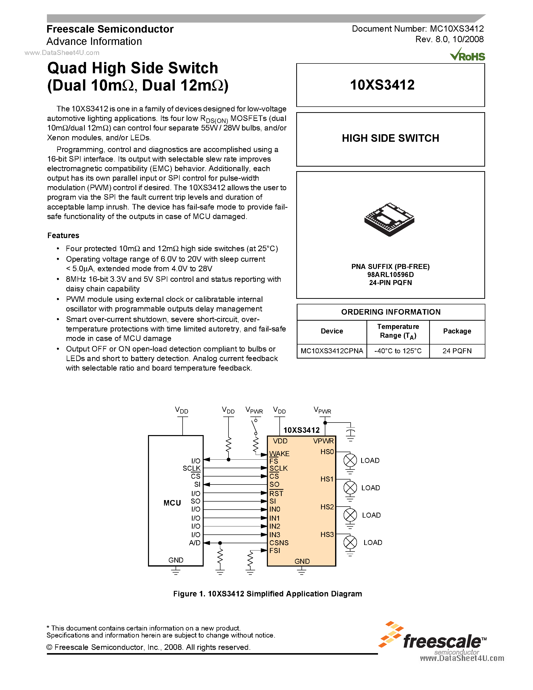 Даташит на микросхему MC10XS3412 страница 1 Даташит MC10XS3412 - Quad High Side Switch страница 1