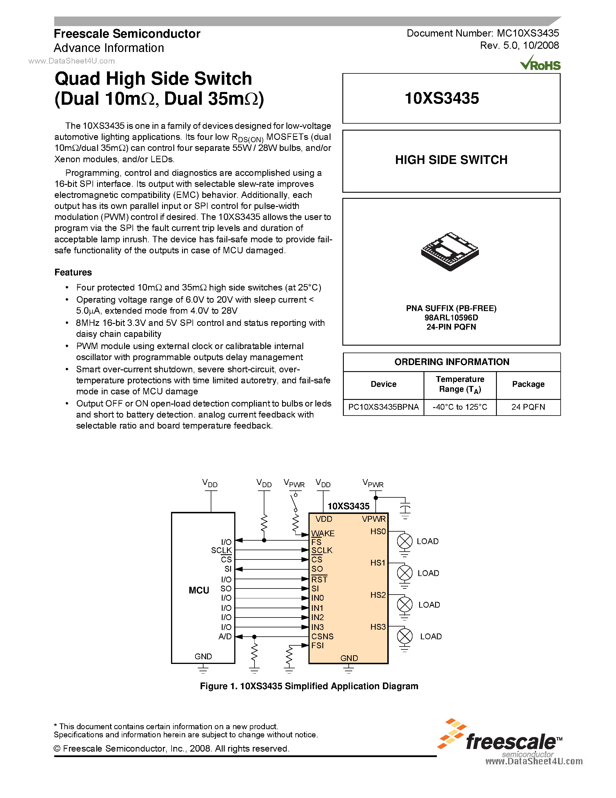 Даташит на микросхему 10XS3435 страница 1 Даташит 10XS3435 - Quad High Side Switch страница 1