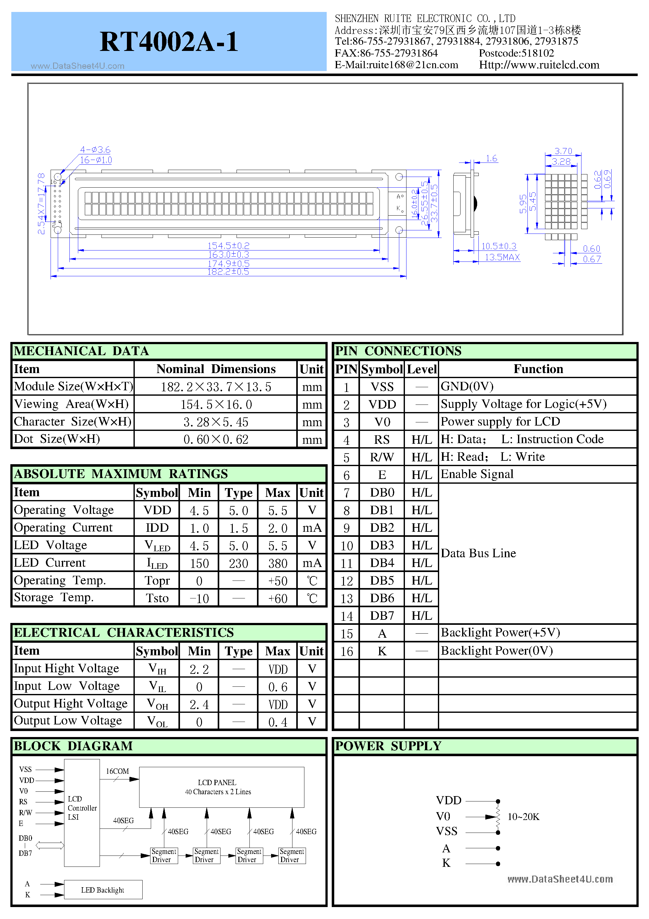 Datasheet RT4002A-1 page 1 Datasheet RT4002A-1 - LCD Module page 1