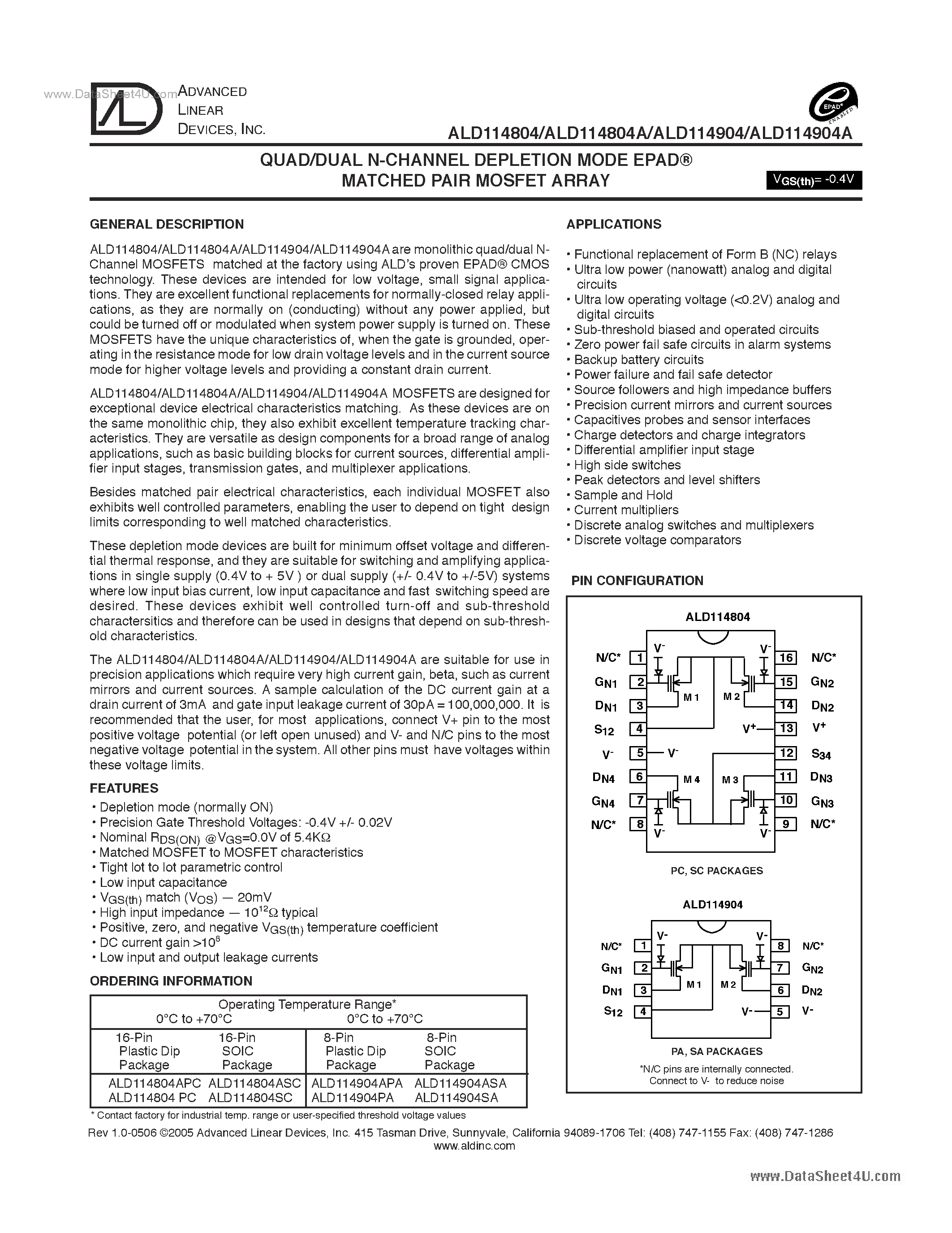 Datasheet ALD114804 - (ALD114804 / ALD114904) QUAD/DUAL N-CHANNEL DEPLETION MODE EPAD MATCHED PAIR MOSFET ARRAY page 1