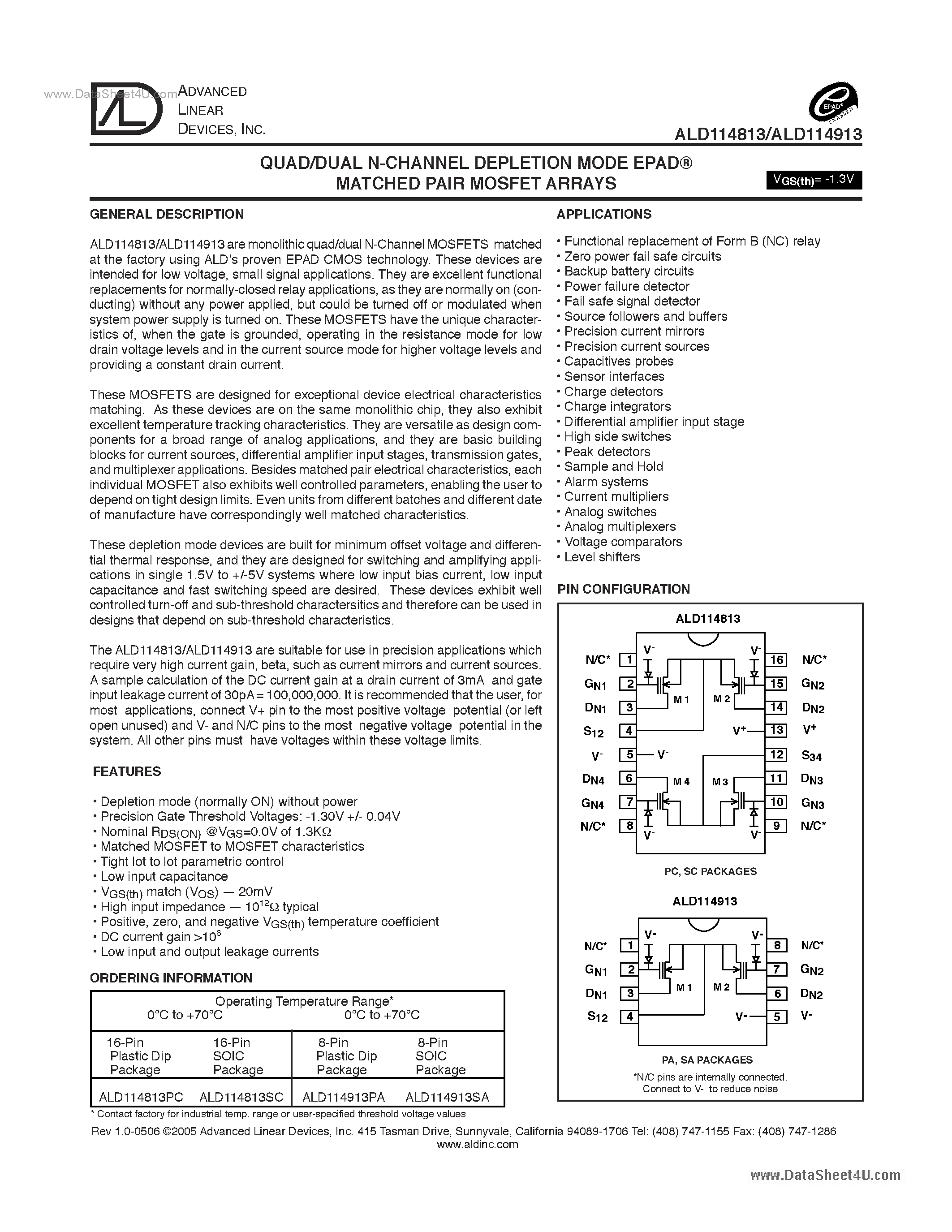 Datasheet ALD114813 - (ALD114813 / ALD114913) QUAD/DUAL N-CHANNEL DEPLETION MODE EPAD MATCHED PAIR MOSFET ARRAYS page 1