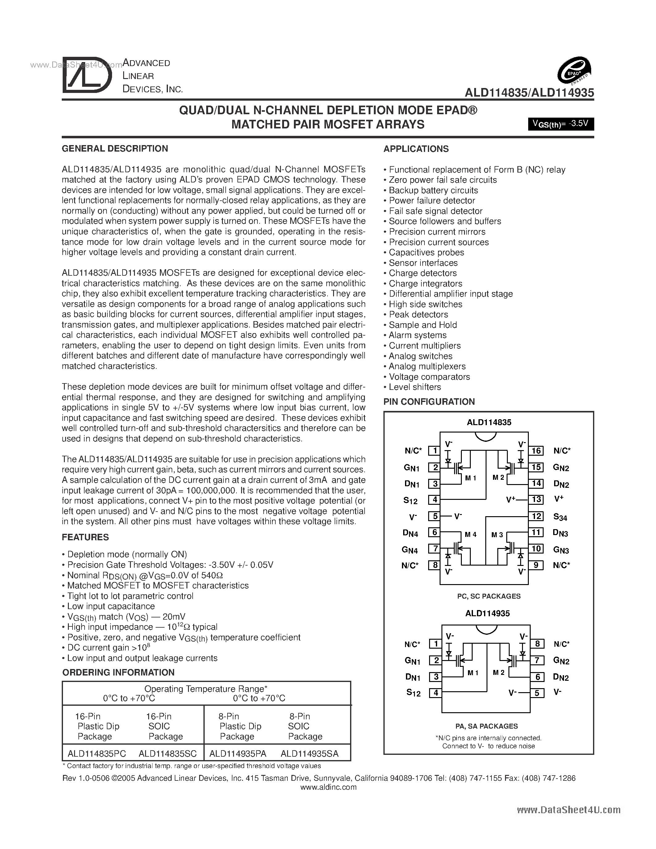 Datasheet ALD114835 - (ALD114835 / ALD114935) QUAD/DUAL N-CHANNEL DEPLETION MODE EPAD MATCHED PAIR MOSFET ARRAYS page 1
