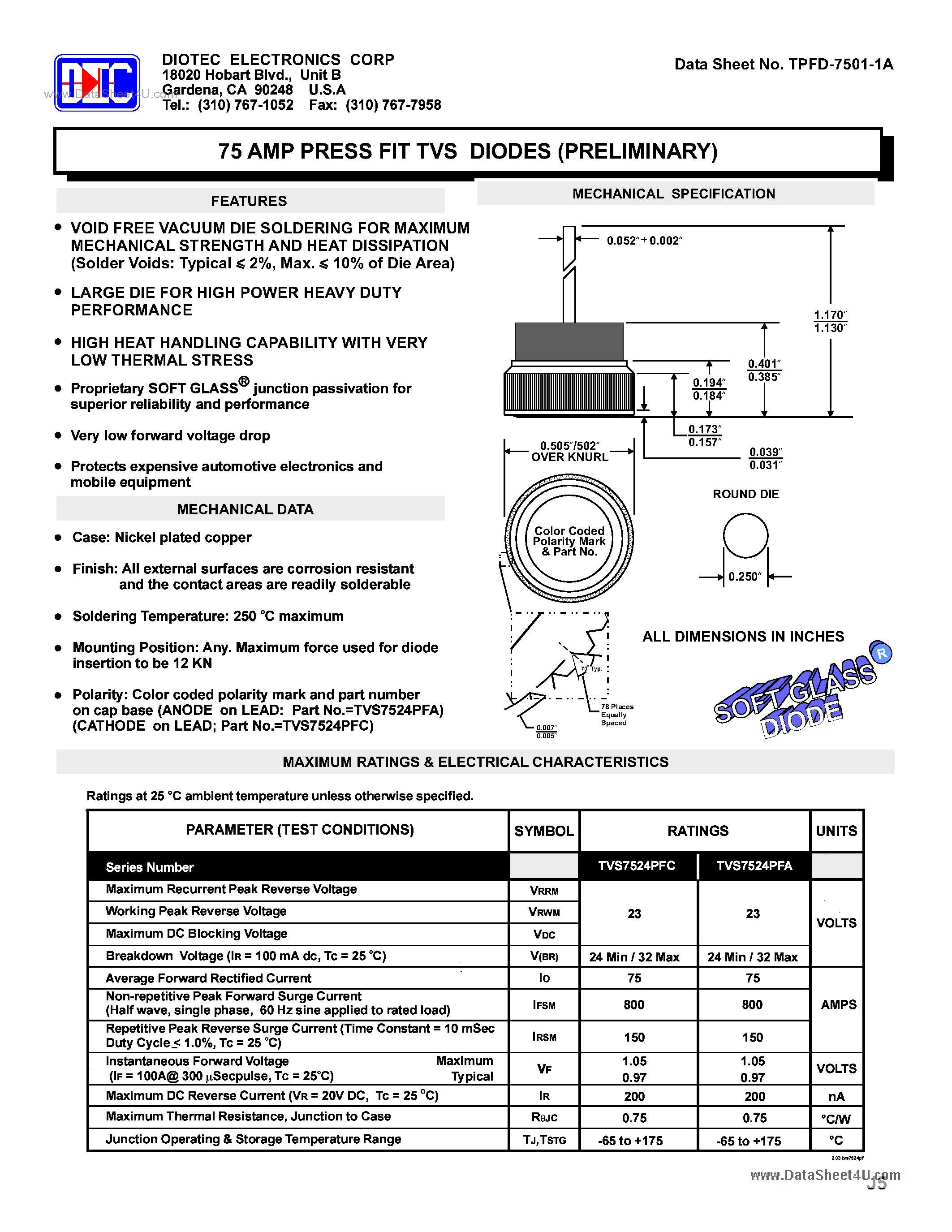 Даташит TVS7524PFA - 75 AMP PRESS FIT TVS DIODES страница 1