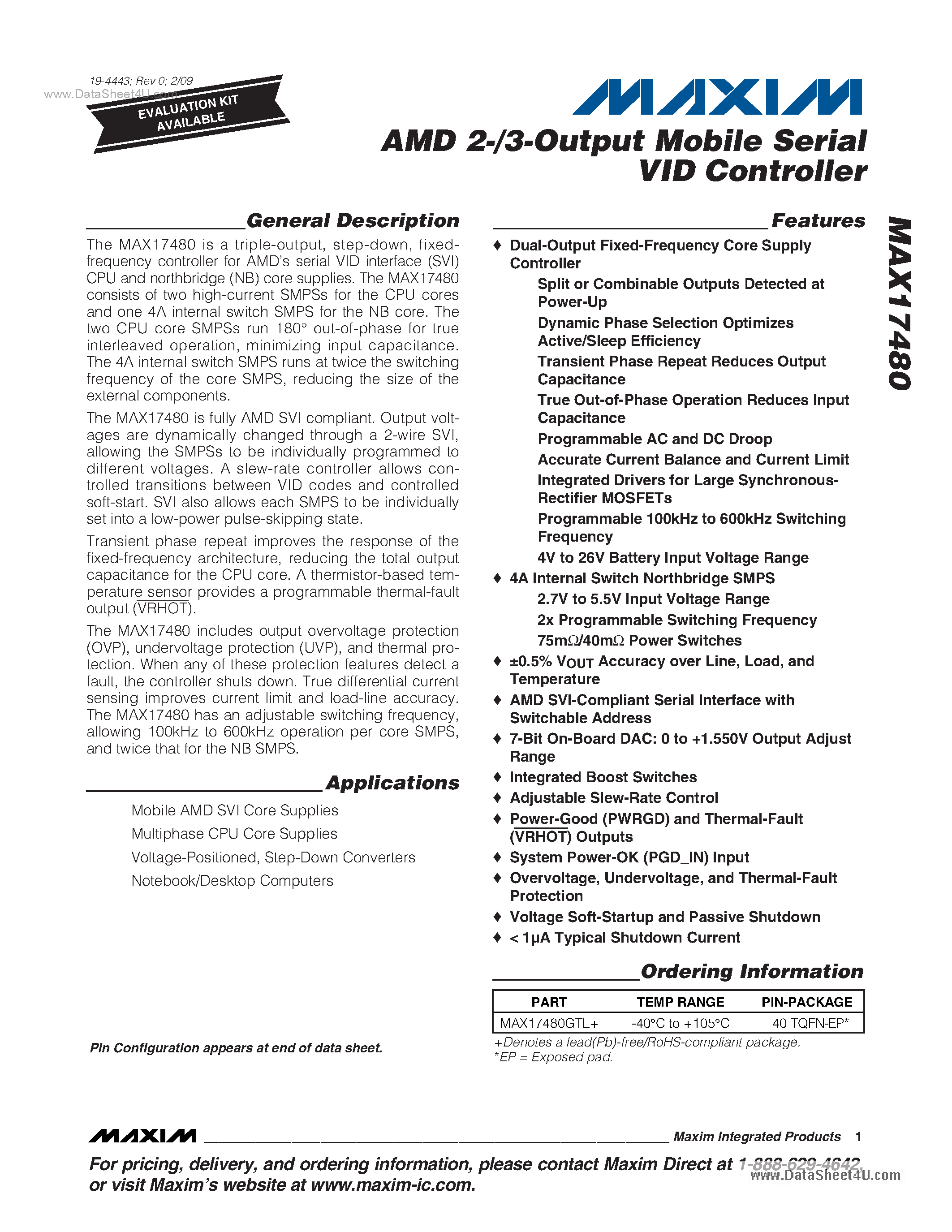 Datasheet MAX17480 - AMD 2-/3-Output Mobile Serial VID Controller page 1