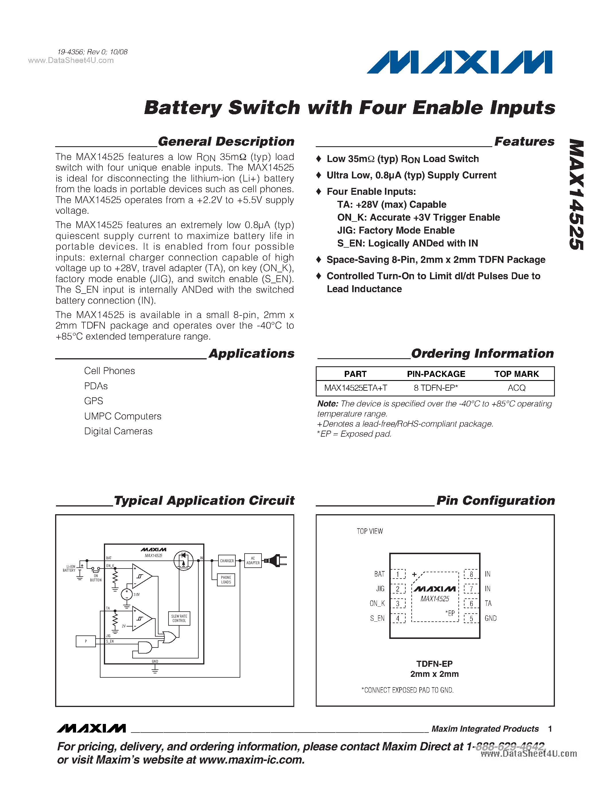 Datasheet MAX14525 - Battery Switch page 1