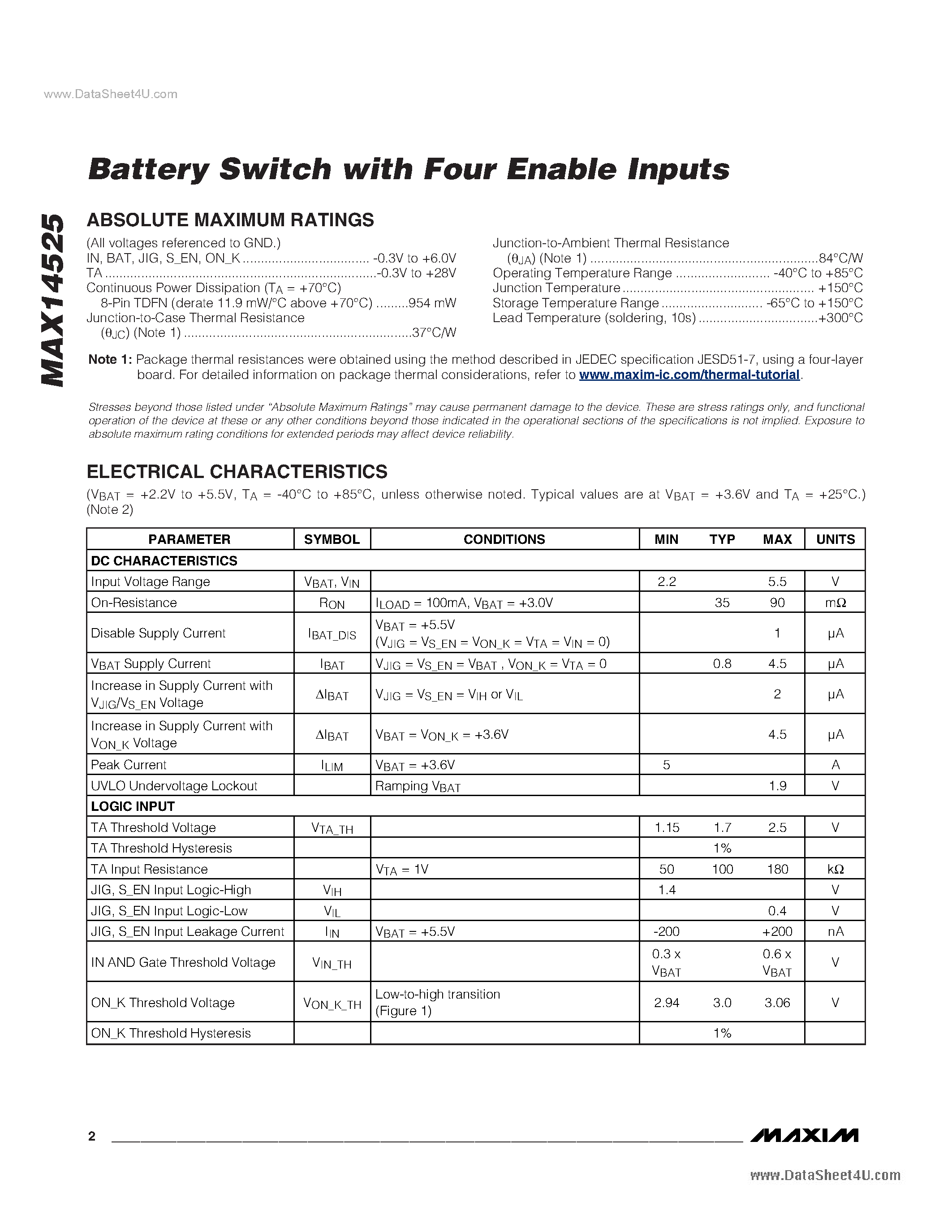 Datasheet MAX14525 - Battery Switch page 2
