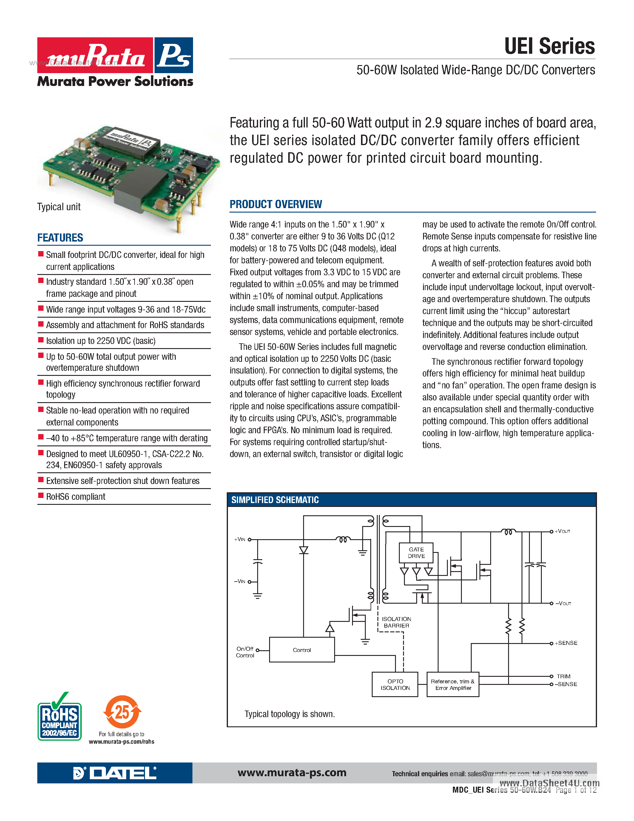 Datasheet UEI - 50-60W Isolated Wide-Range DC/DC Converters page 1