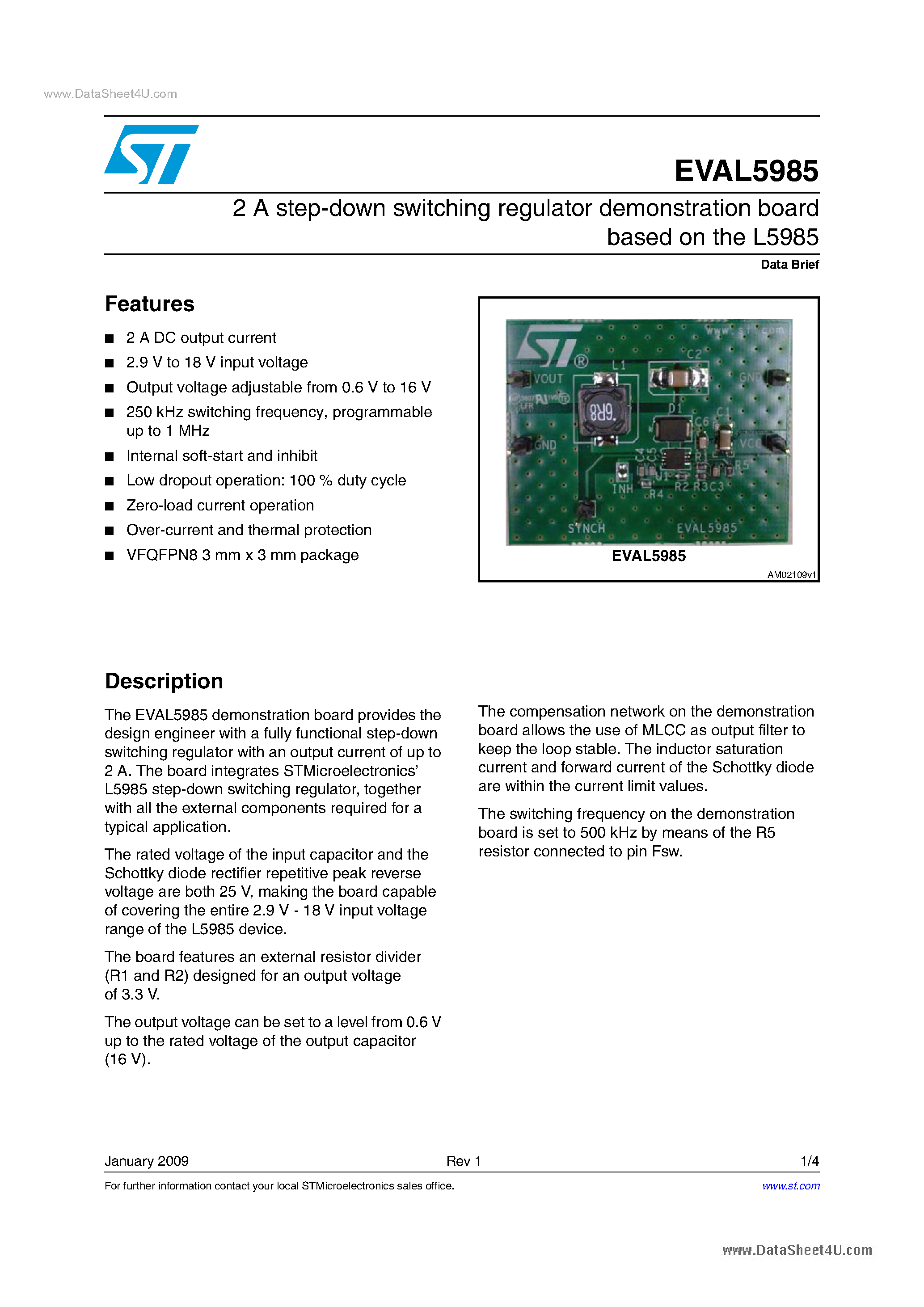 Даташит на микросхему EVAL5985 страница 1 Даташит EVAL5985 - 2A step-down switching regulator demonstration board based on the L5985 страница 1