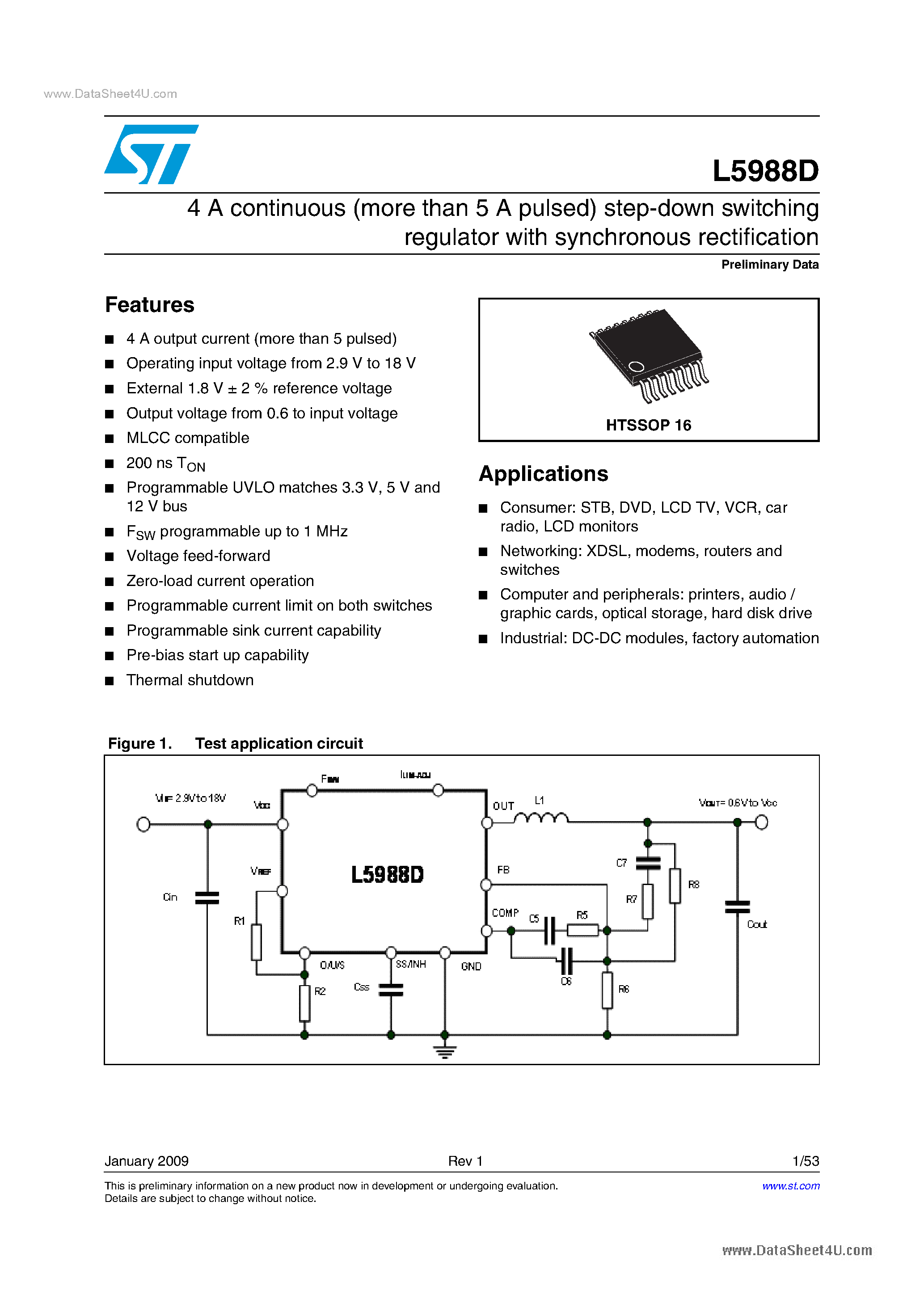 Datasheet L5988D - 4A continuous (more than 5 A pulsed) step-down switching regulator page 1