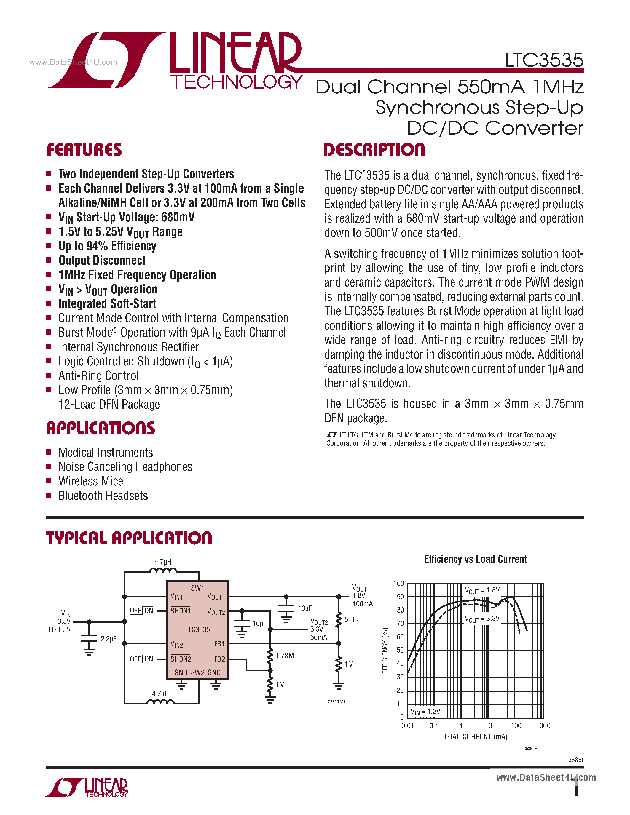 Datasheet LTC3535 - Dual Channel 550mA 1MHz Synchronous Step-Up DC/DC Converter page 1
