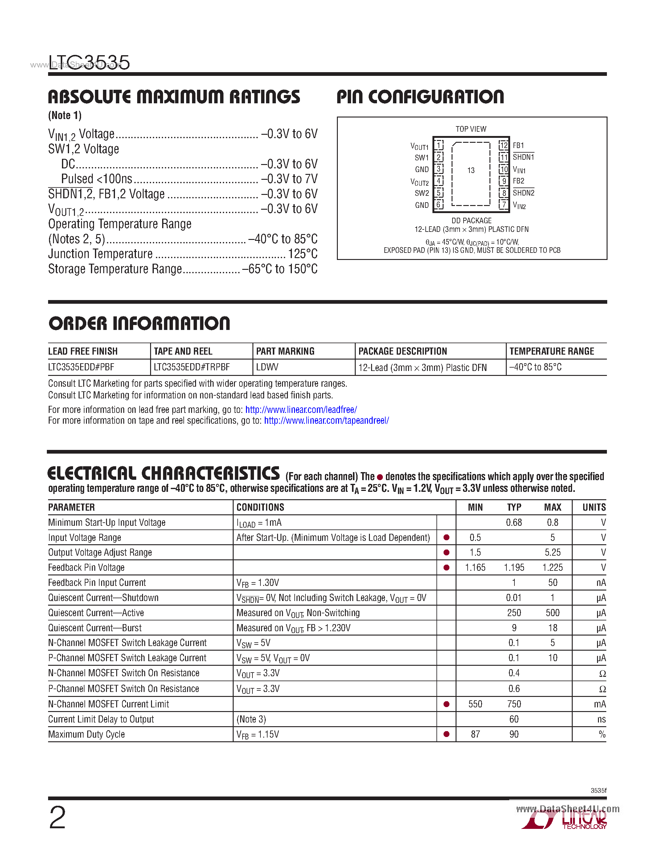 Datasheet LTC3535 - Dual Channel 550mA 1MHz Synchronous Step-Up DC/DC Converter page 2