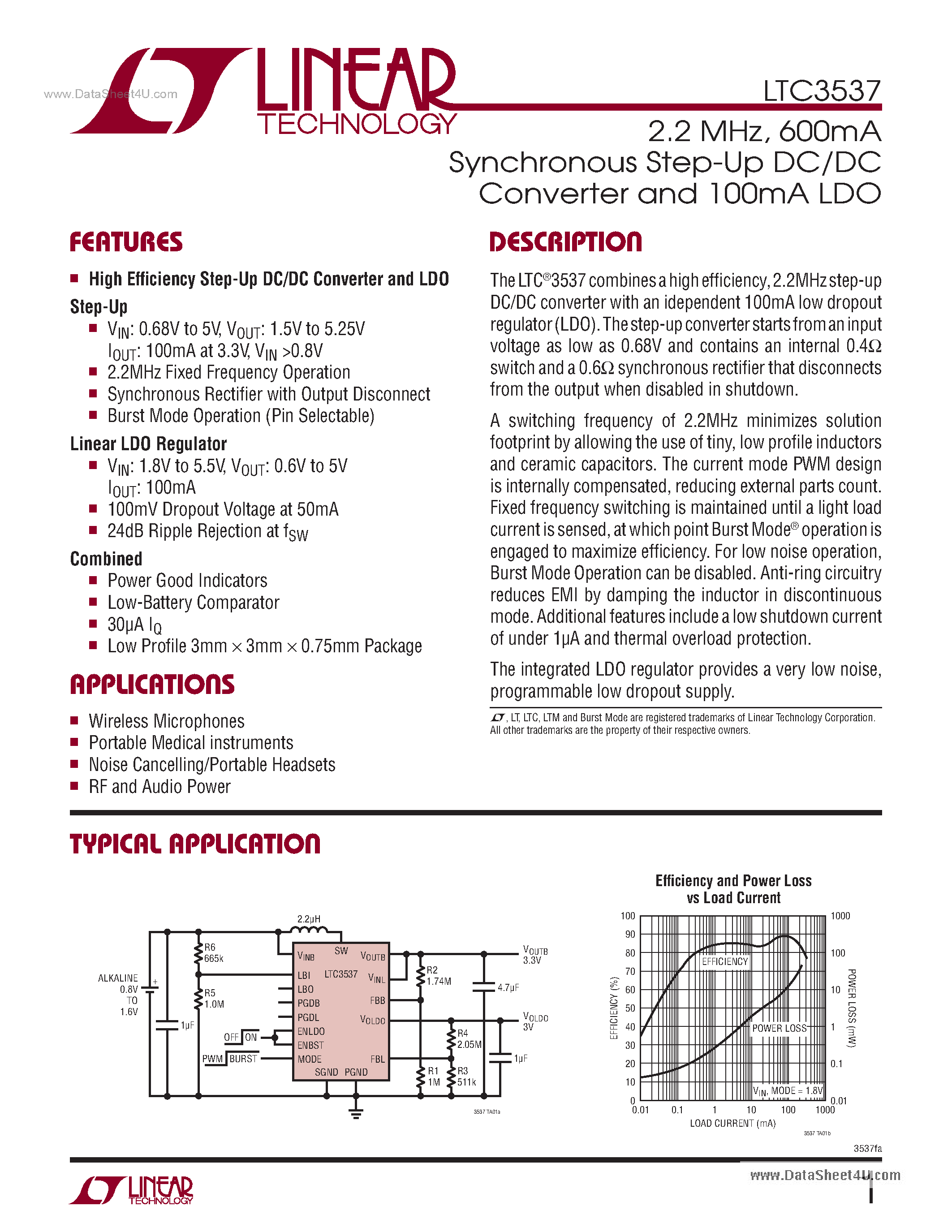 Datasheet LTC3537 - 600mA Synchronous Step-Up DC/DC Converter and 100mA LDO page 1
