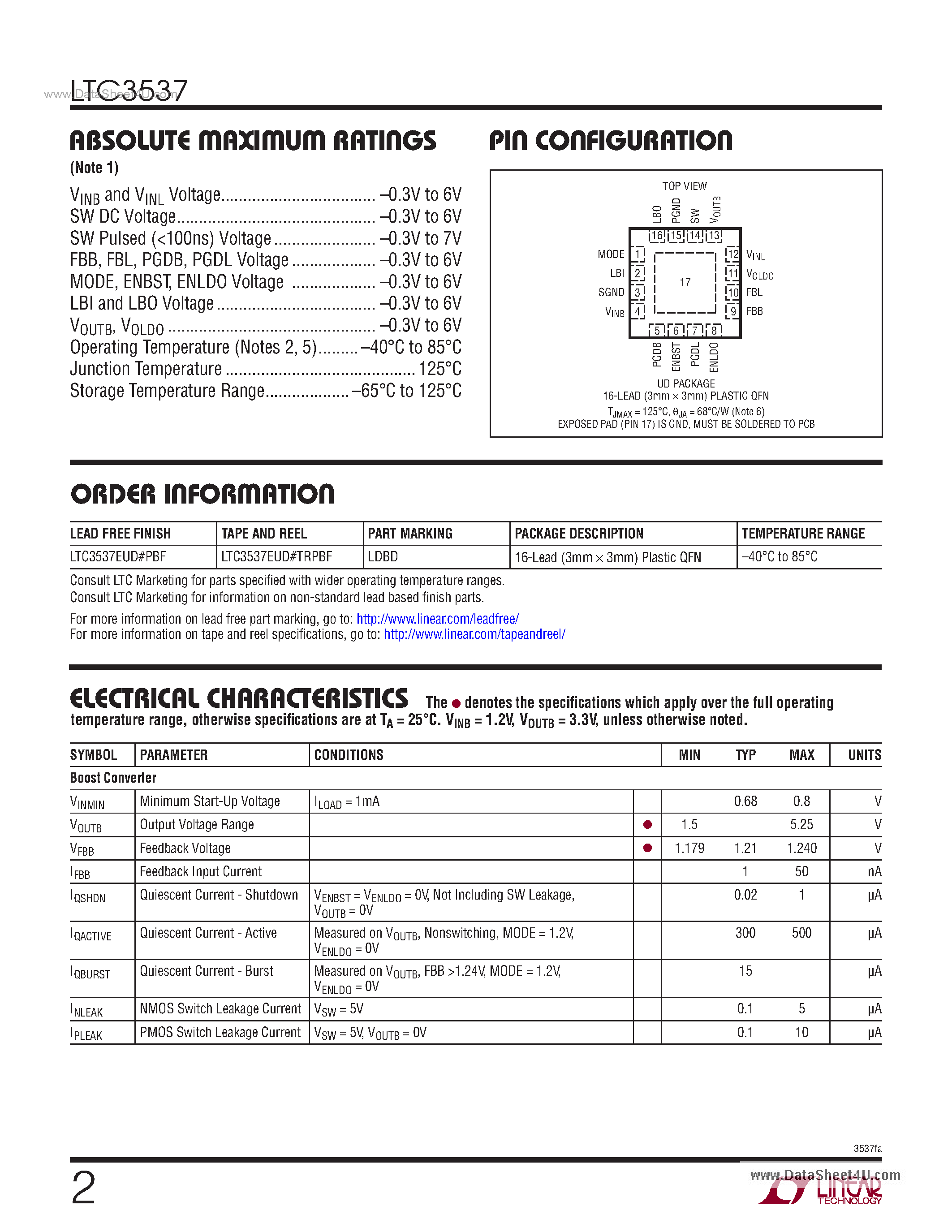 Datasheet LTC3537 - 600mA Synchronous Step-Up DC/DC Converter and 100mA LDO page 2