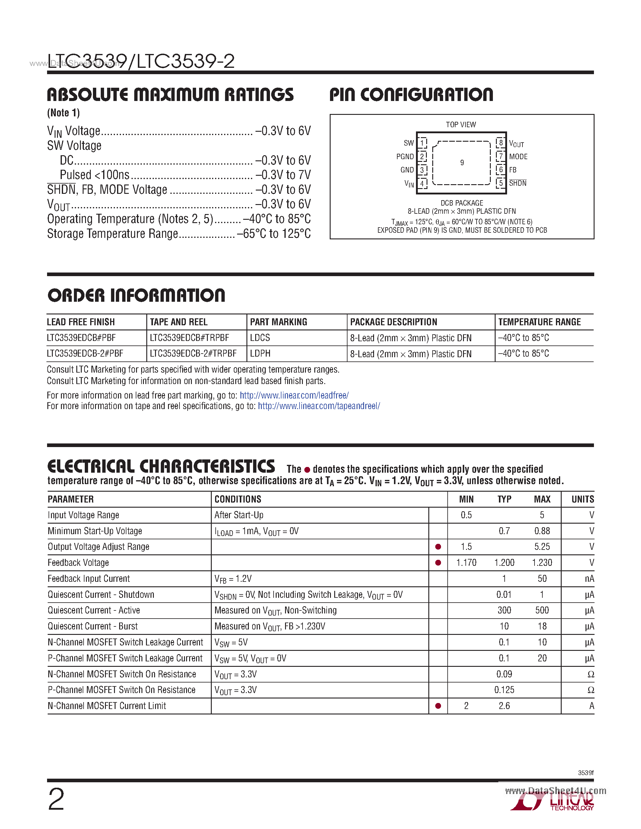 Datasheet LTC3539 - 1MHz/2MHz Synchronous Step-Up DC/DC Converters page 2