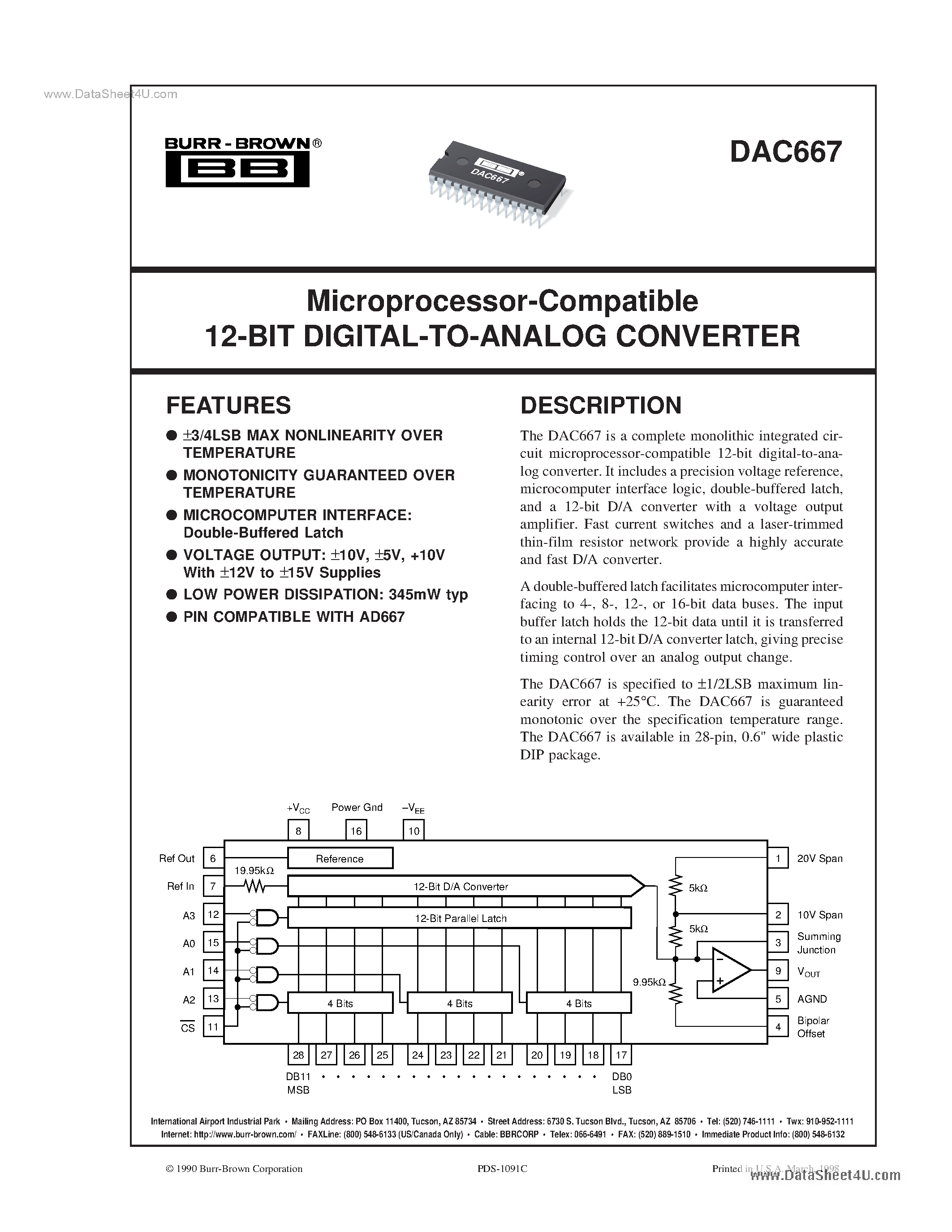 Datasheet DAC667 - Microprocessor-Compatible 12-BIT DIGITAL-TO-ANALOG CONVERTER page 1