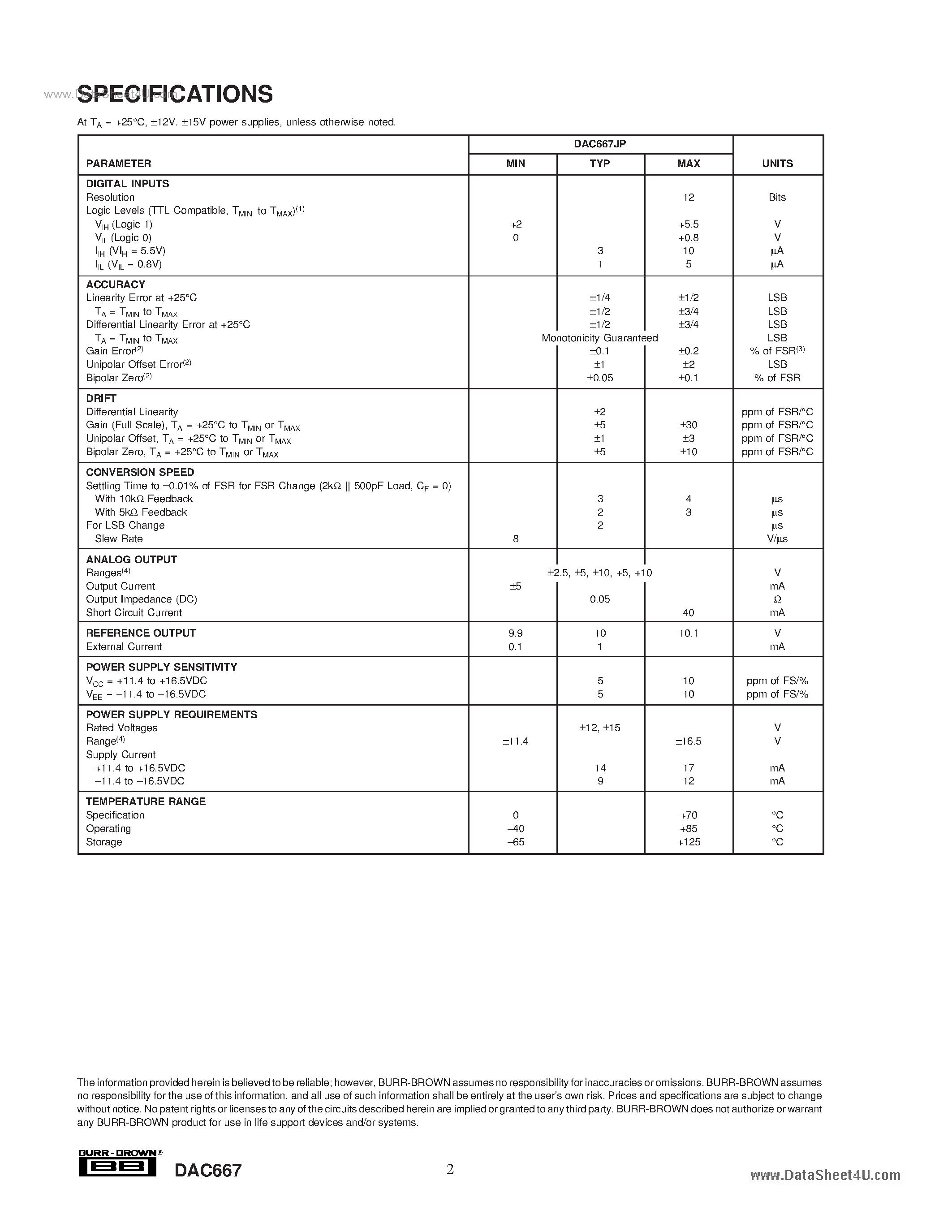Datasheet DAC667 - Microprocessor-Compatible 12-BIT DIGITAL-TO-ANALOG CONVERTER page 2