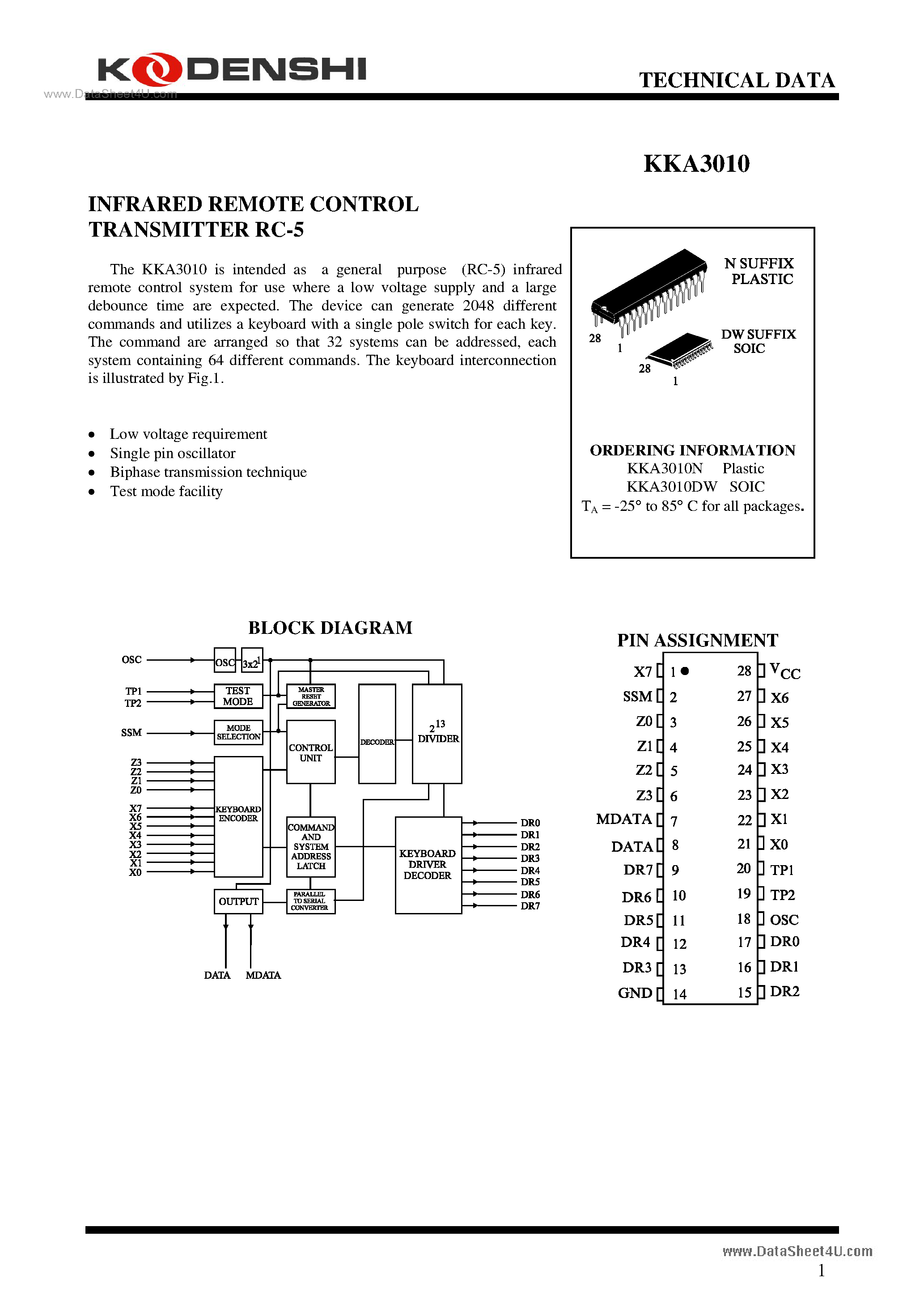 Даташит на микросхему KKA3010 страница 1 Даташит KKA3010 - INFRARED REMOTE CONTROL TRANSMITTER RC-5 страница 1