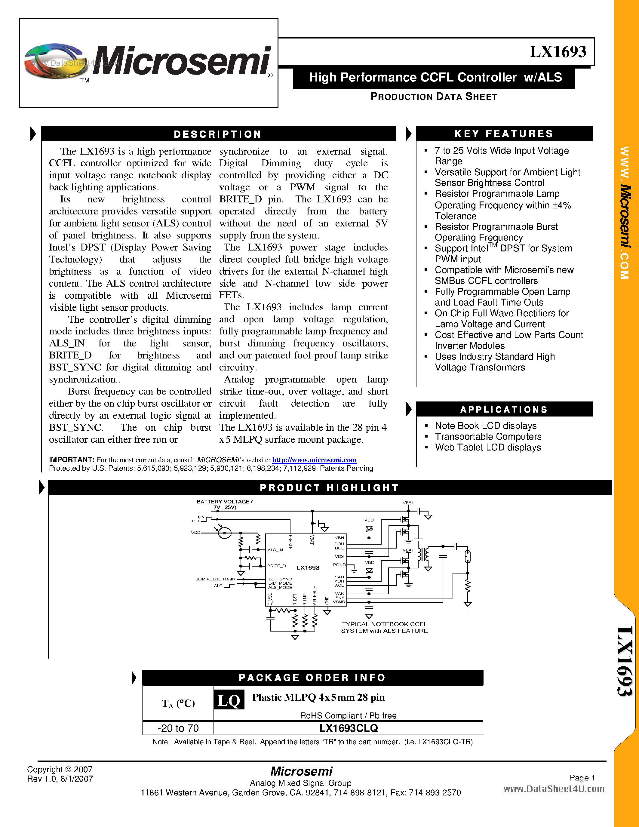 Datasheet LX1693 - High Performance CCFL Controller w/ALS page 1