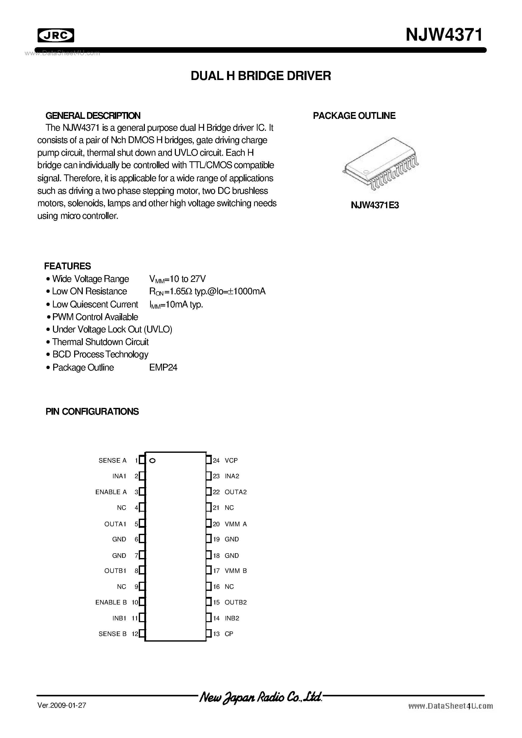 Datasheet NJW4371 page 1 Datasheet NJW4371 - Dual H Bridge Driver page 1
