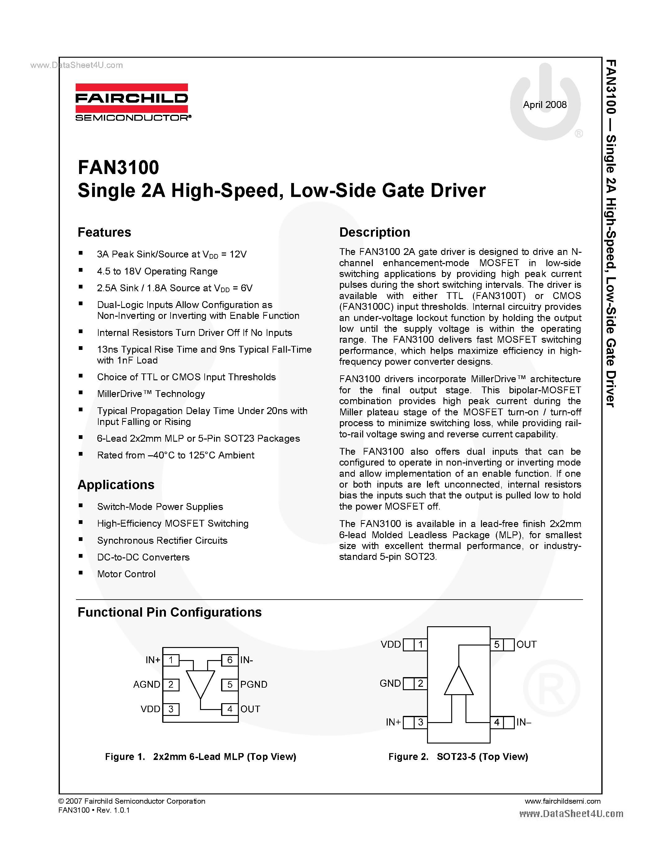 Datasheet FAN3100 - Low-Side Gate Driver page 1
