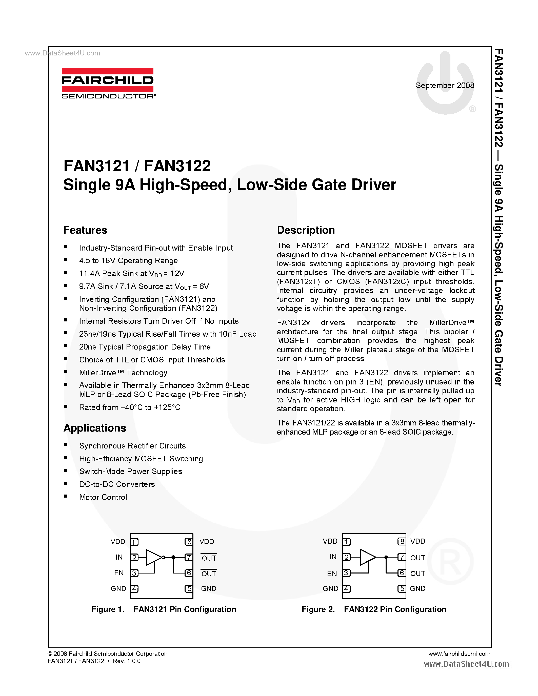 Даташит FAN3121 - (FAN3121 / FAN3122) Low-Side Gate Driver страница 1