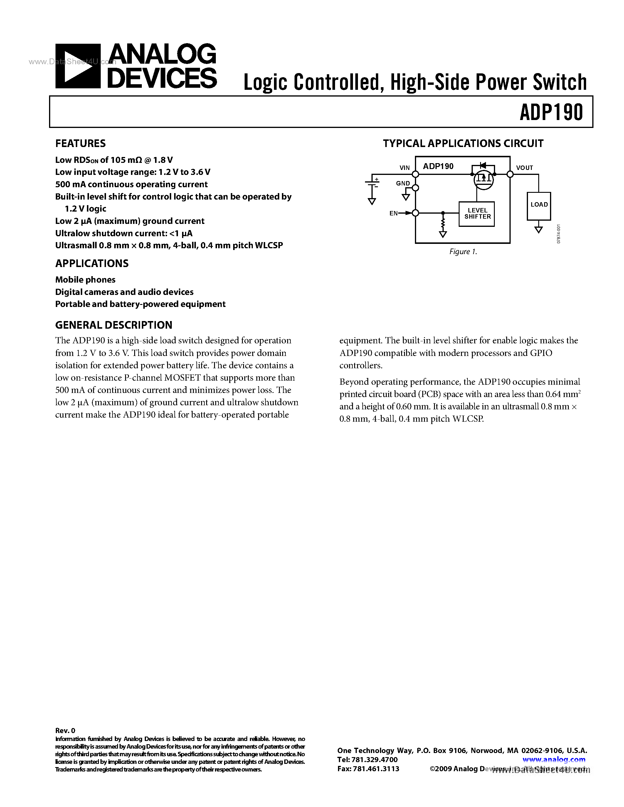 Datasheet ADP190 - High-Side Power Switch page 1